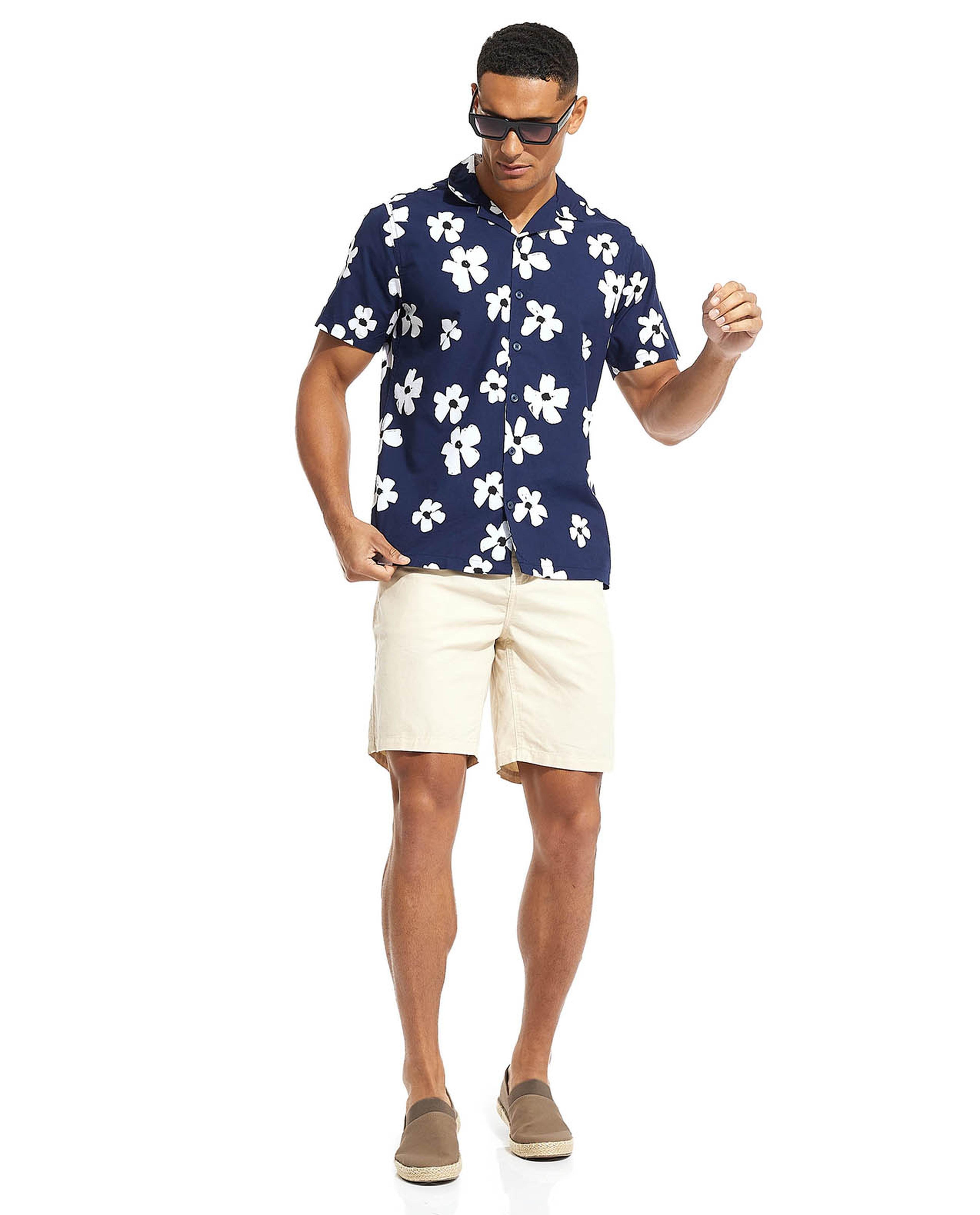 Printed Shirt with Revere Collar and Short Sleeves