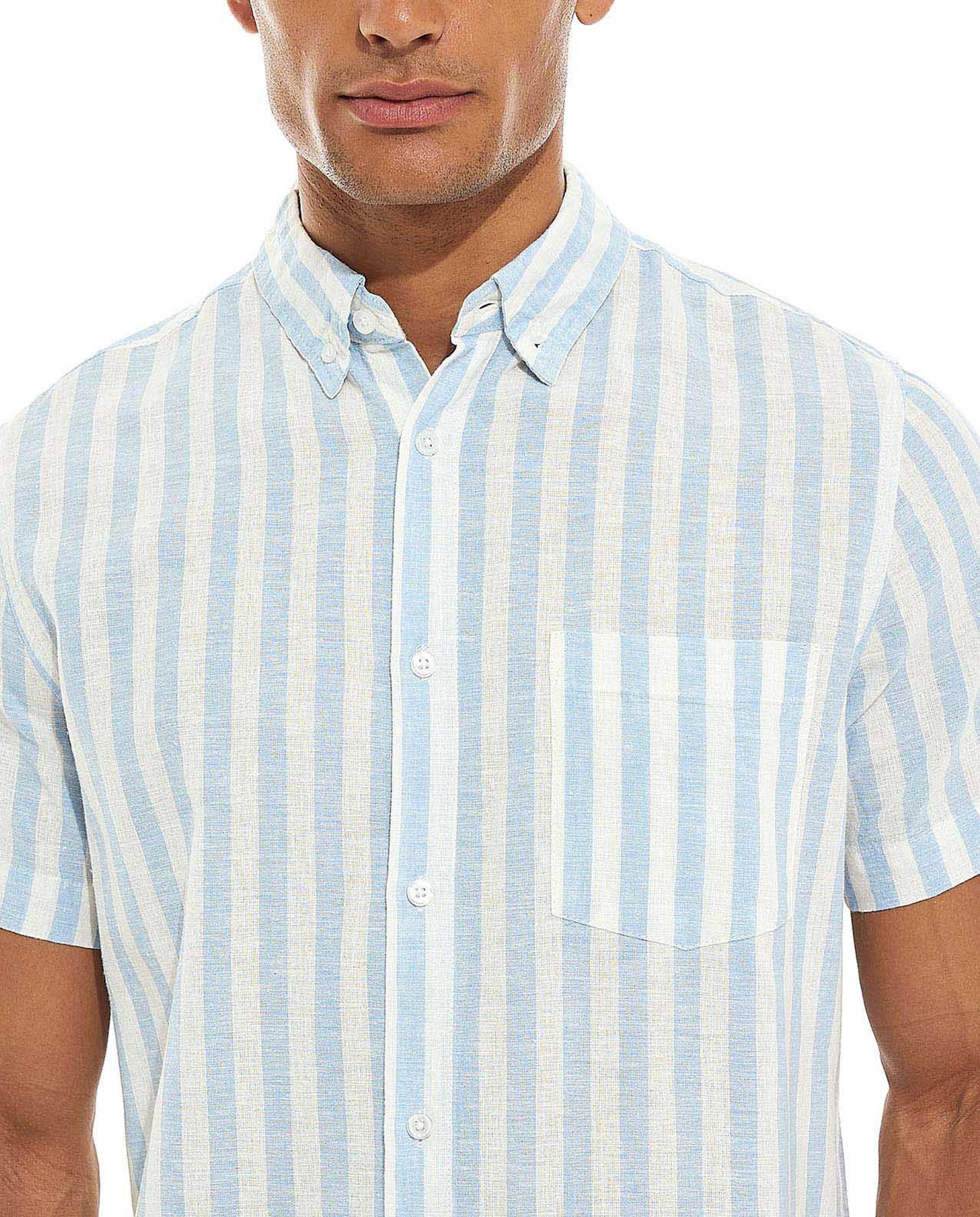 Striped Shirt with Button Down Collar and Short Sleeves