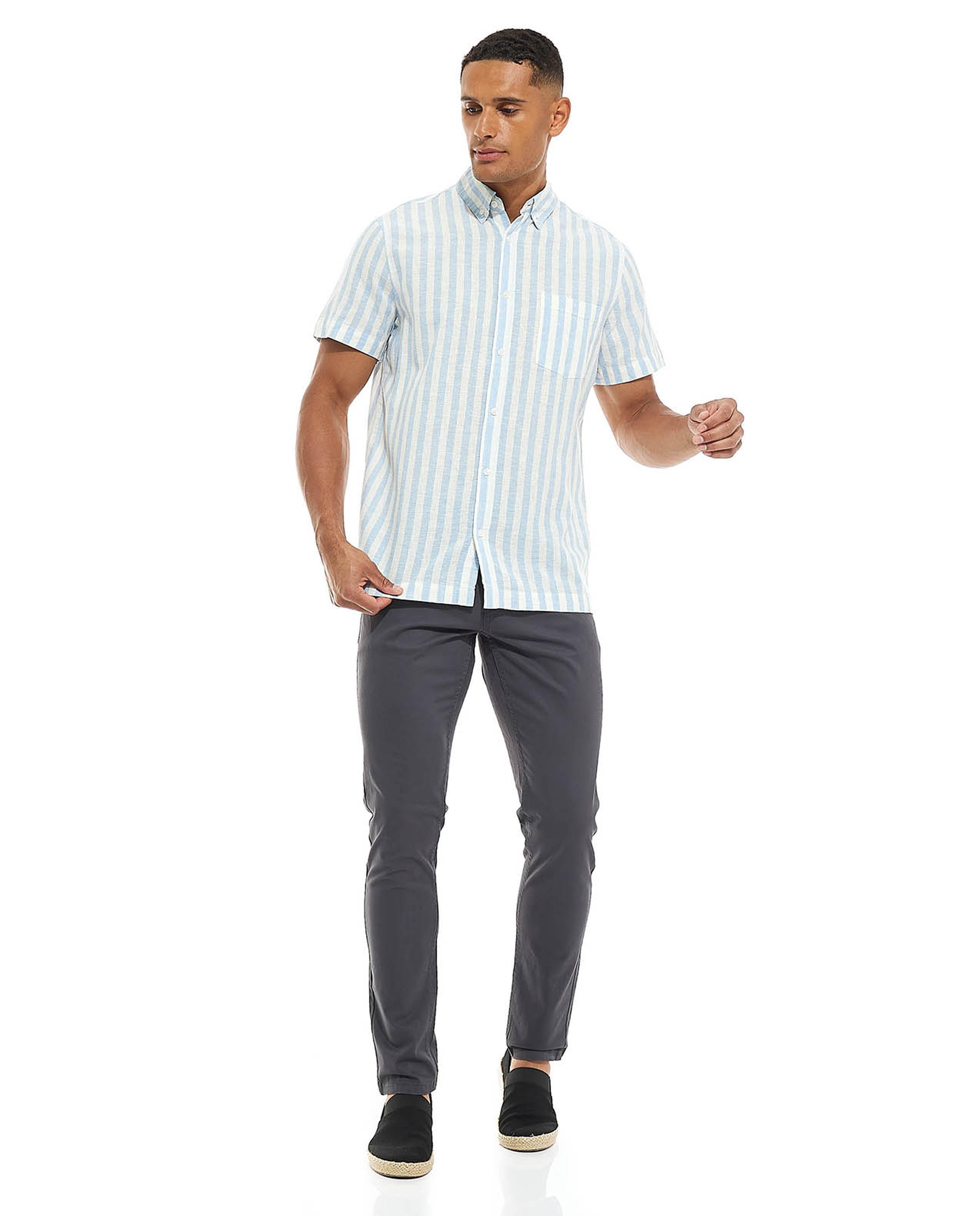 Striped Shirt with Button Down Collar and Short Sleeves