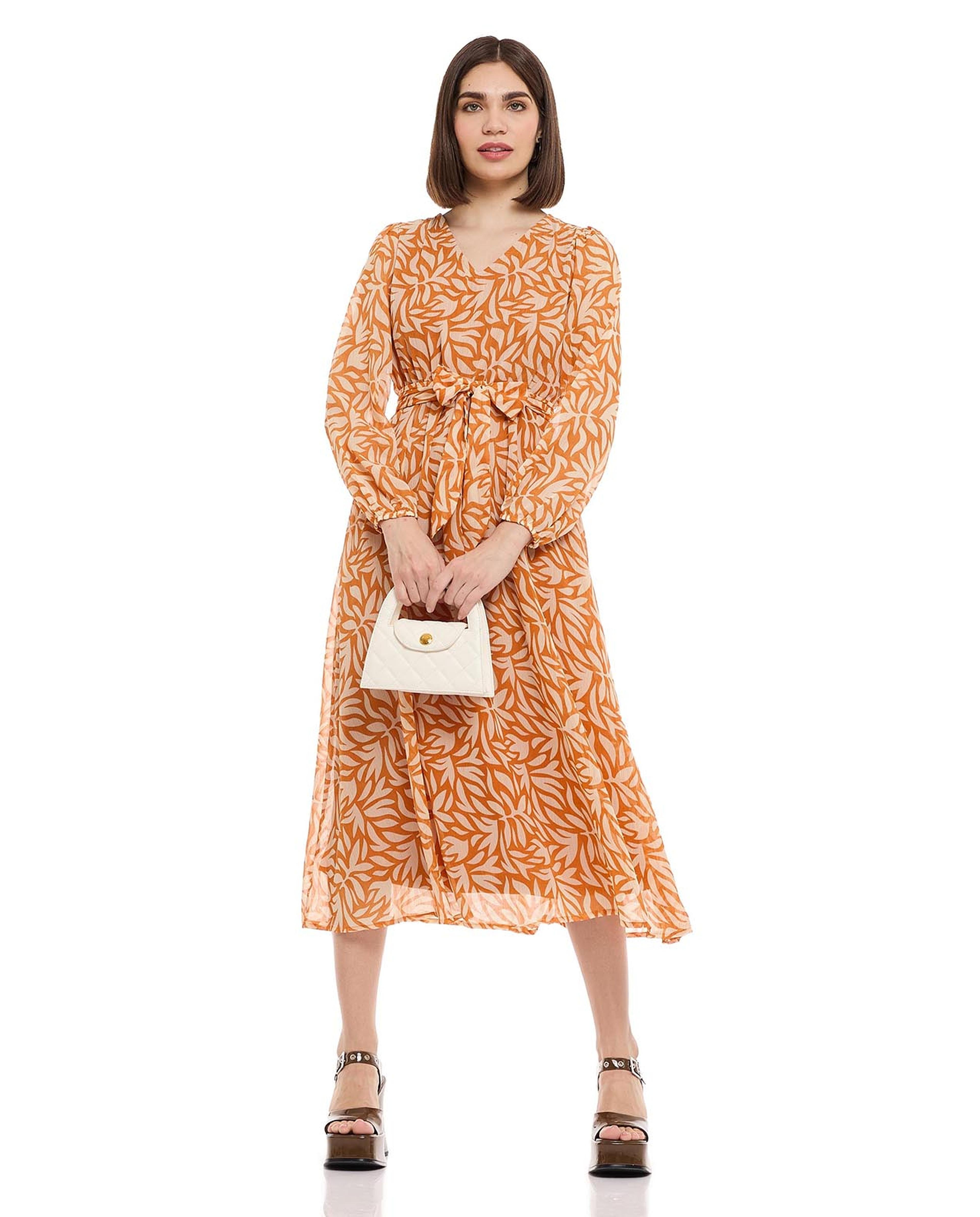 Patterned Midi Dress with V-Neck and Long Sleeves
