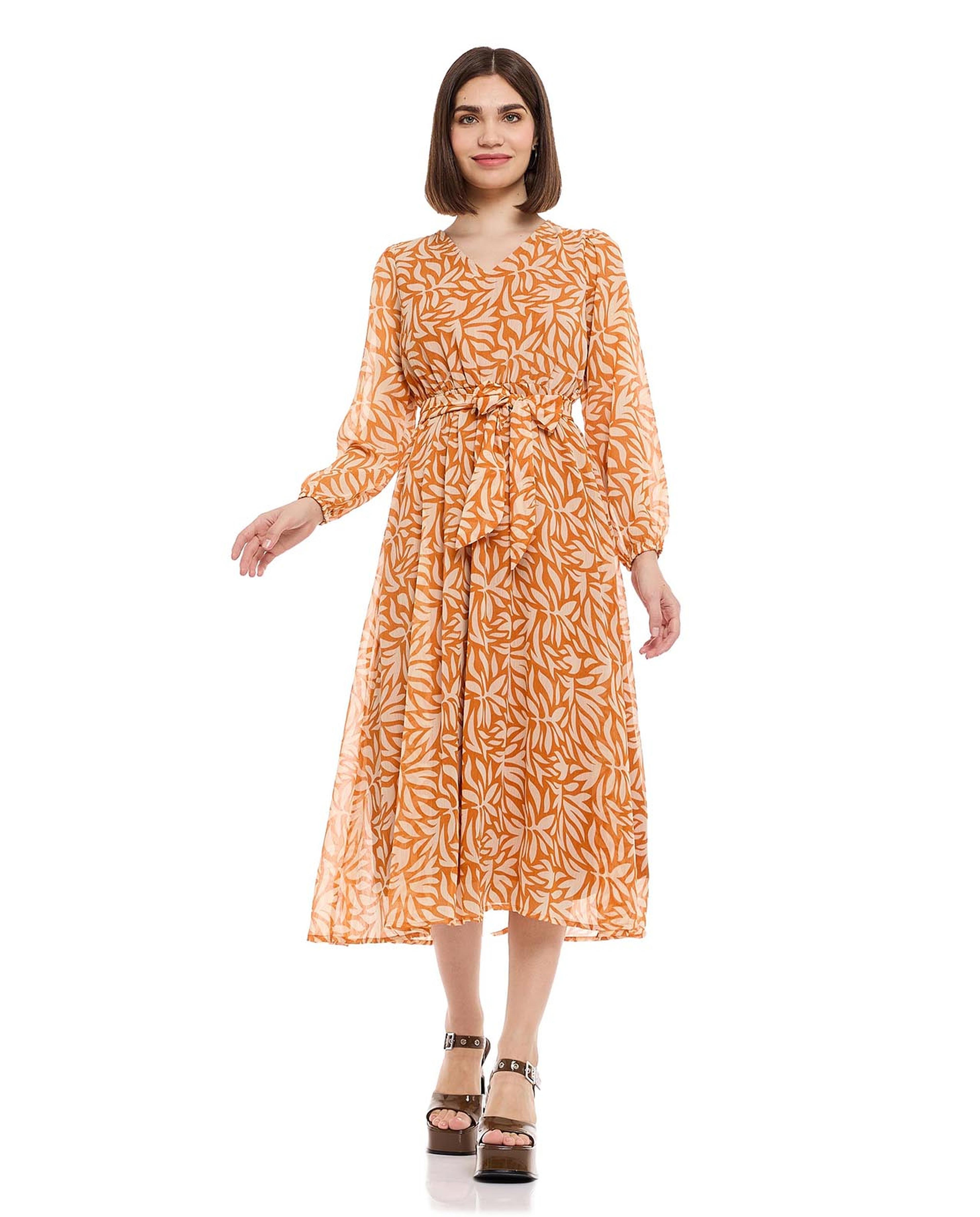 Patterned Midi Dress with V-Neck and Long Sleeves
