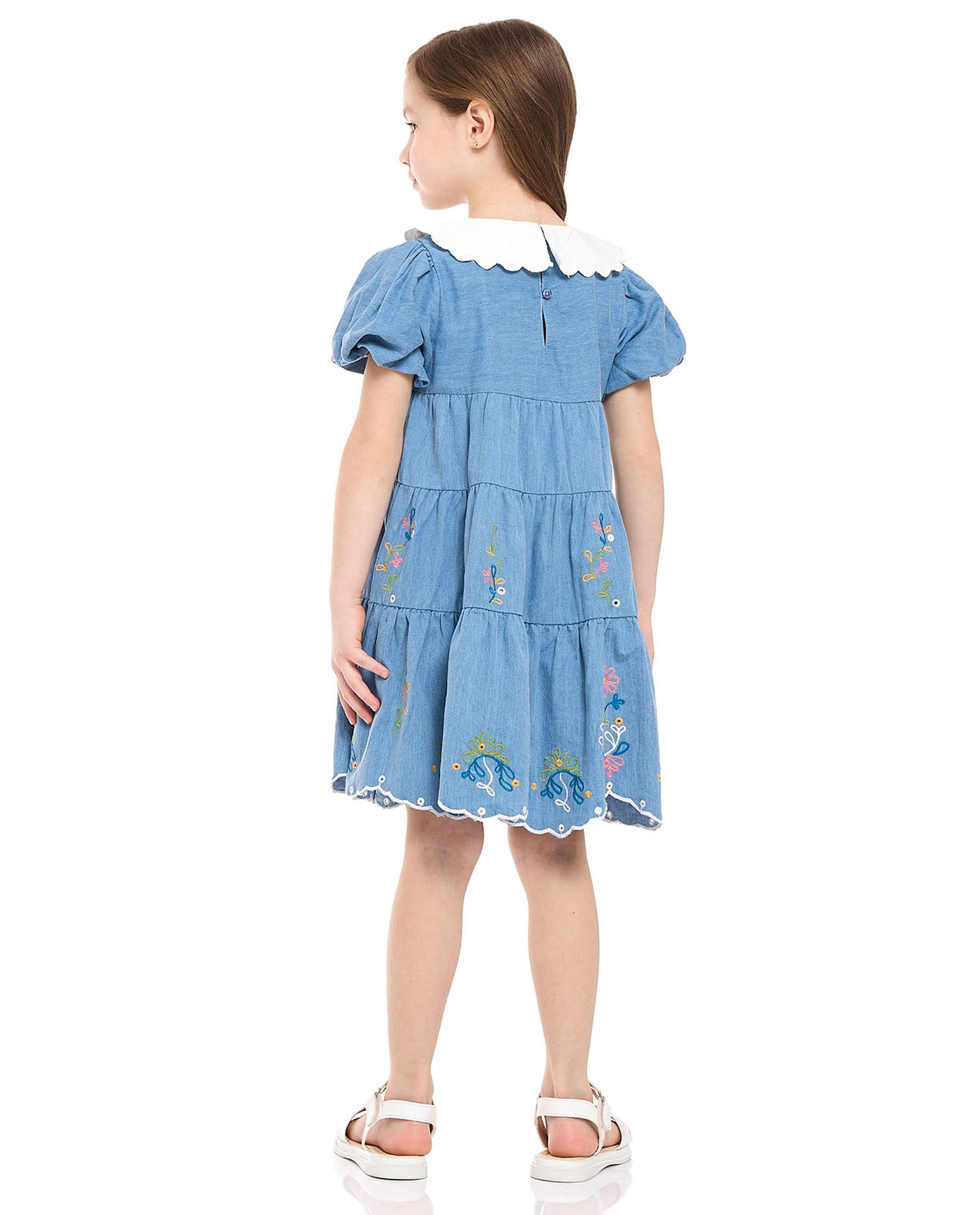 Embroidered Tiered Dress with Peter Pan Collar and Puff Sleeves