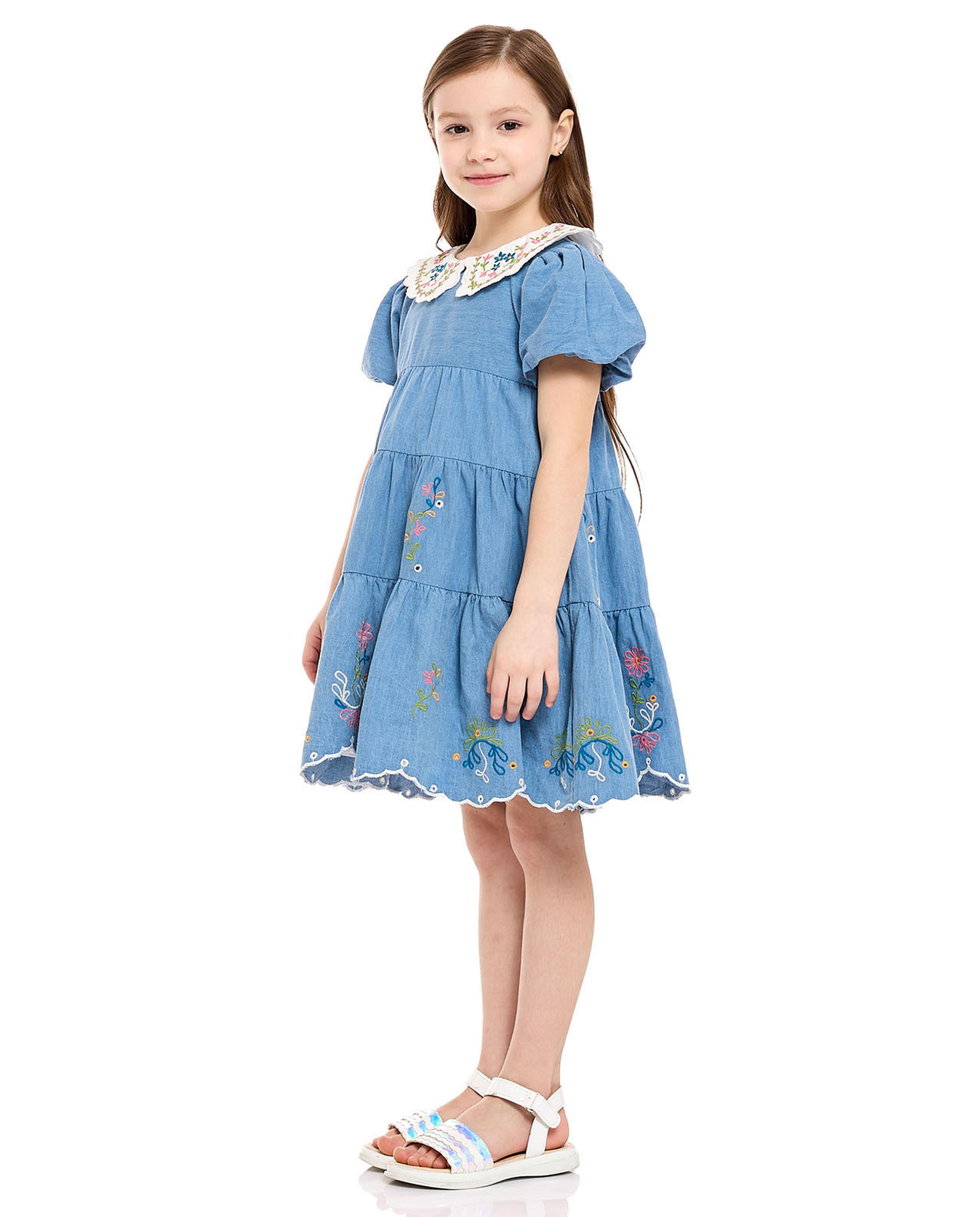 Embroidered Tiered Dress with Peter Pan Collar and Puff Sleeves
