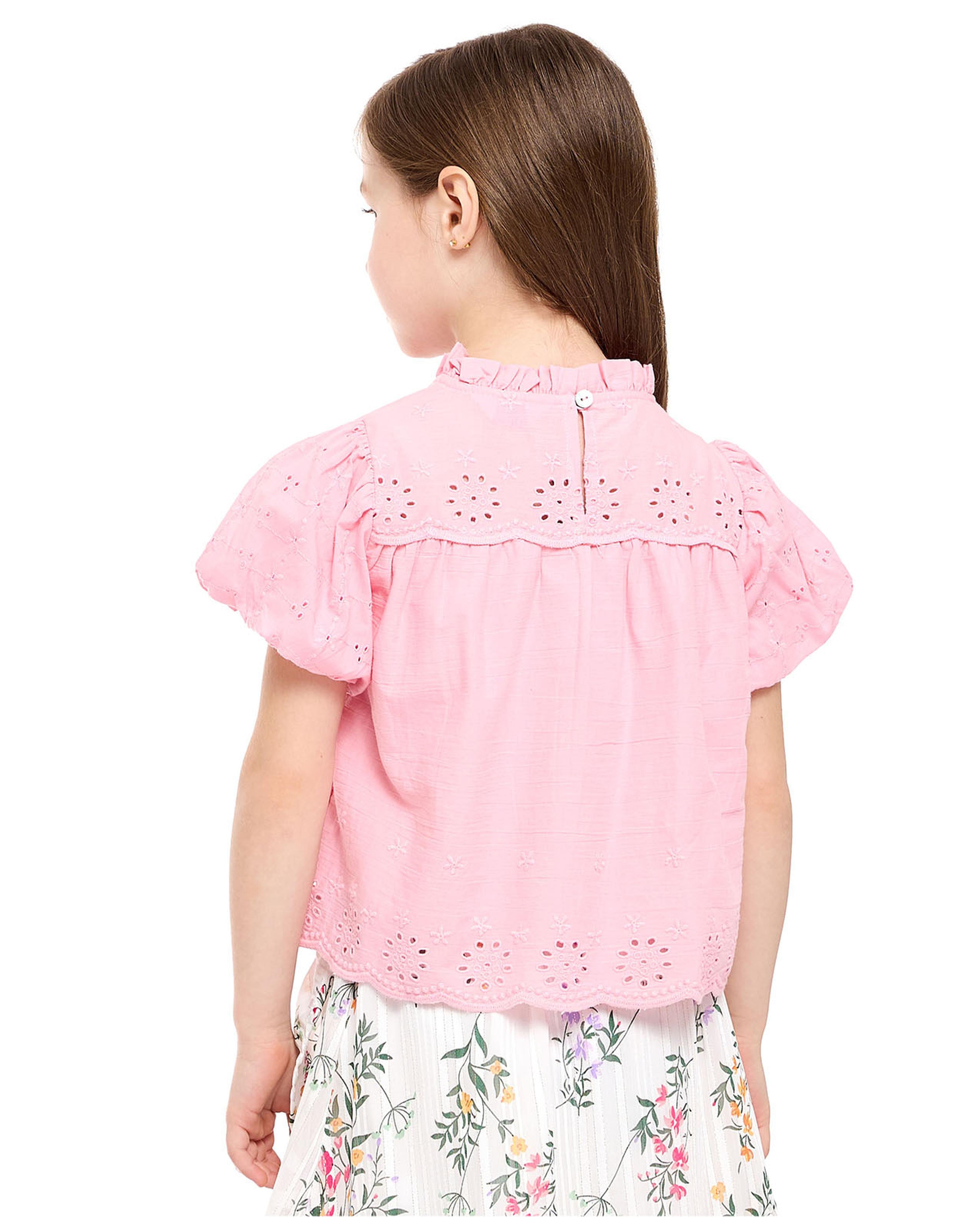Broderie Top with Mock Neck and Puff Sleeves