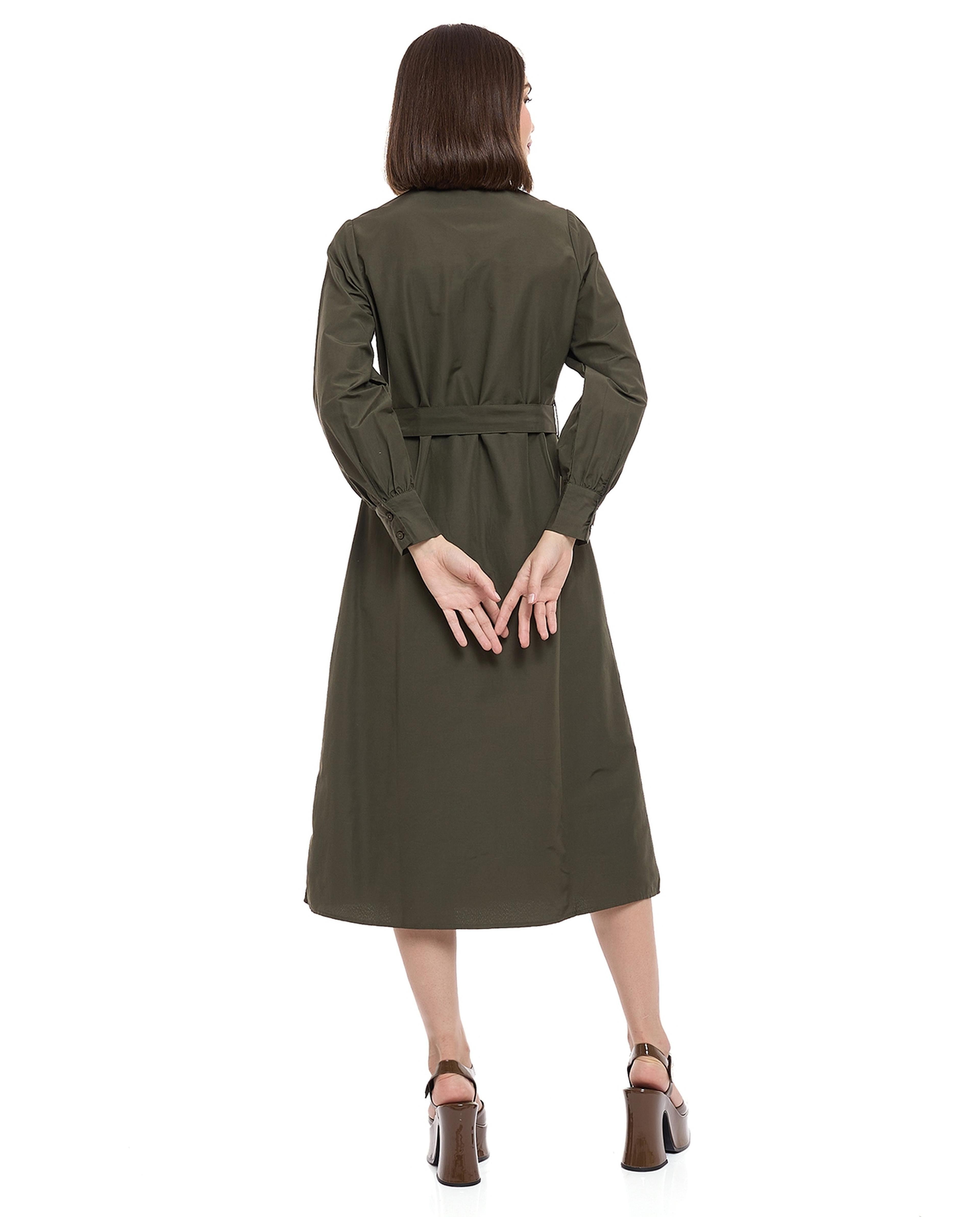 Belted Shirt Dress with Classic Collar and Long Sleeves