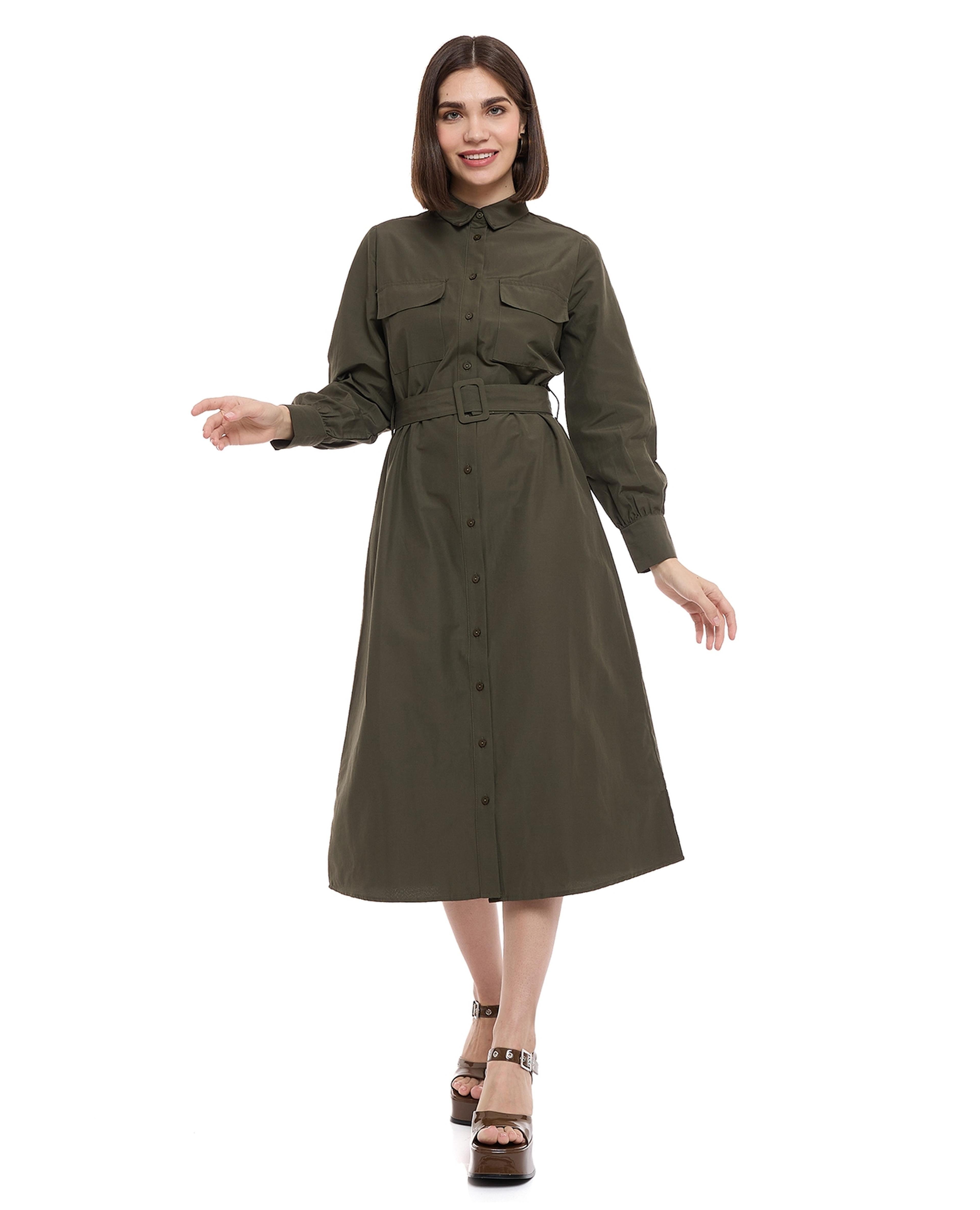 Belted Shirt Dress with Classic Collar and Long Sleeves