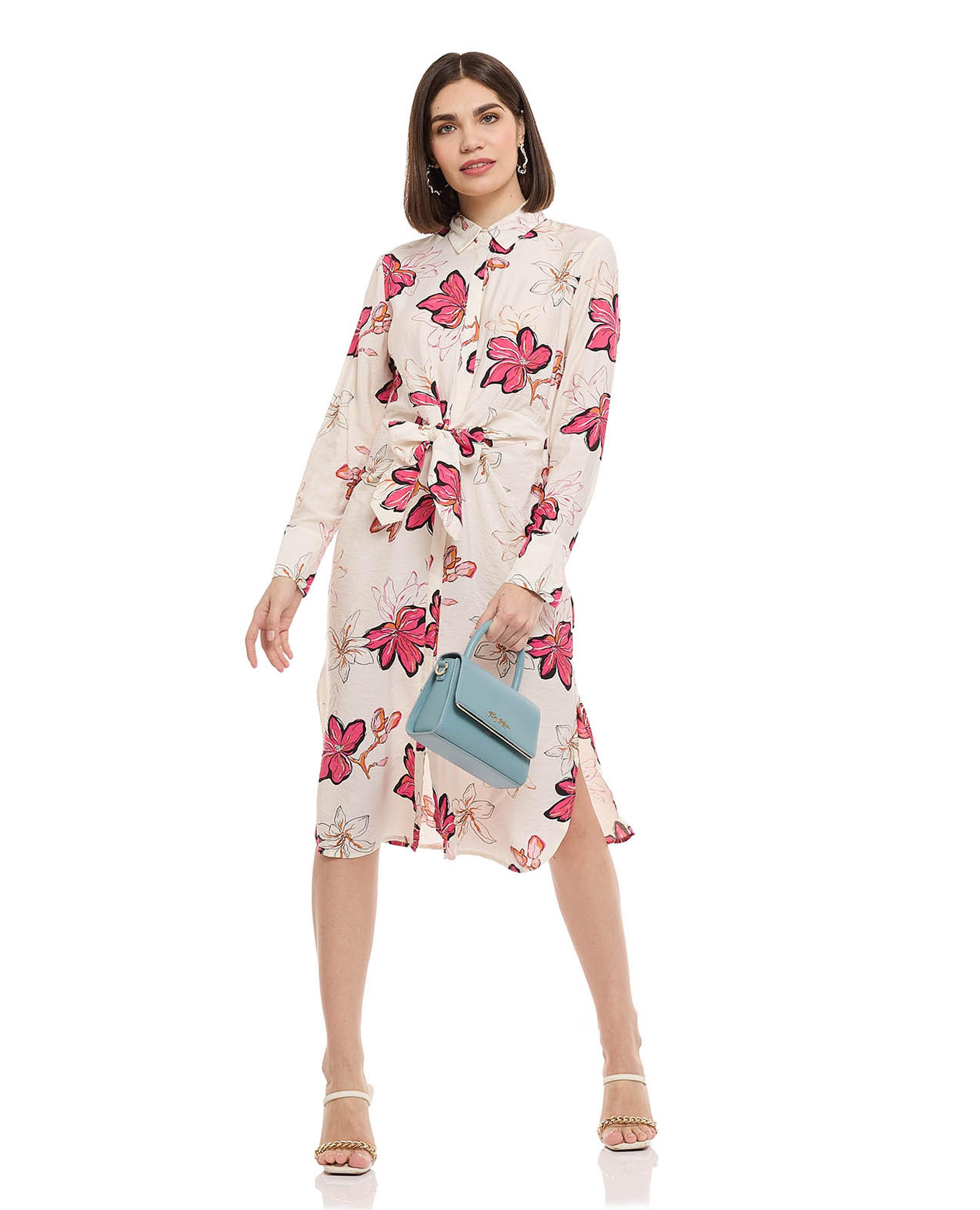 Floral Shirt Dress with Tie-Front