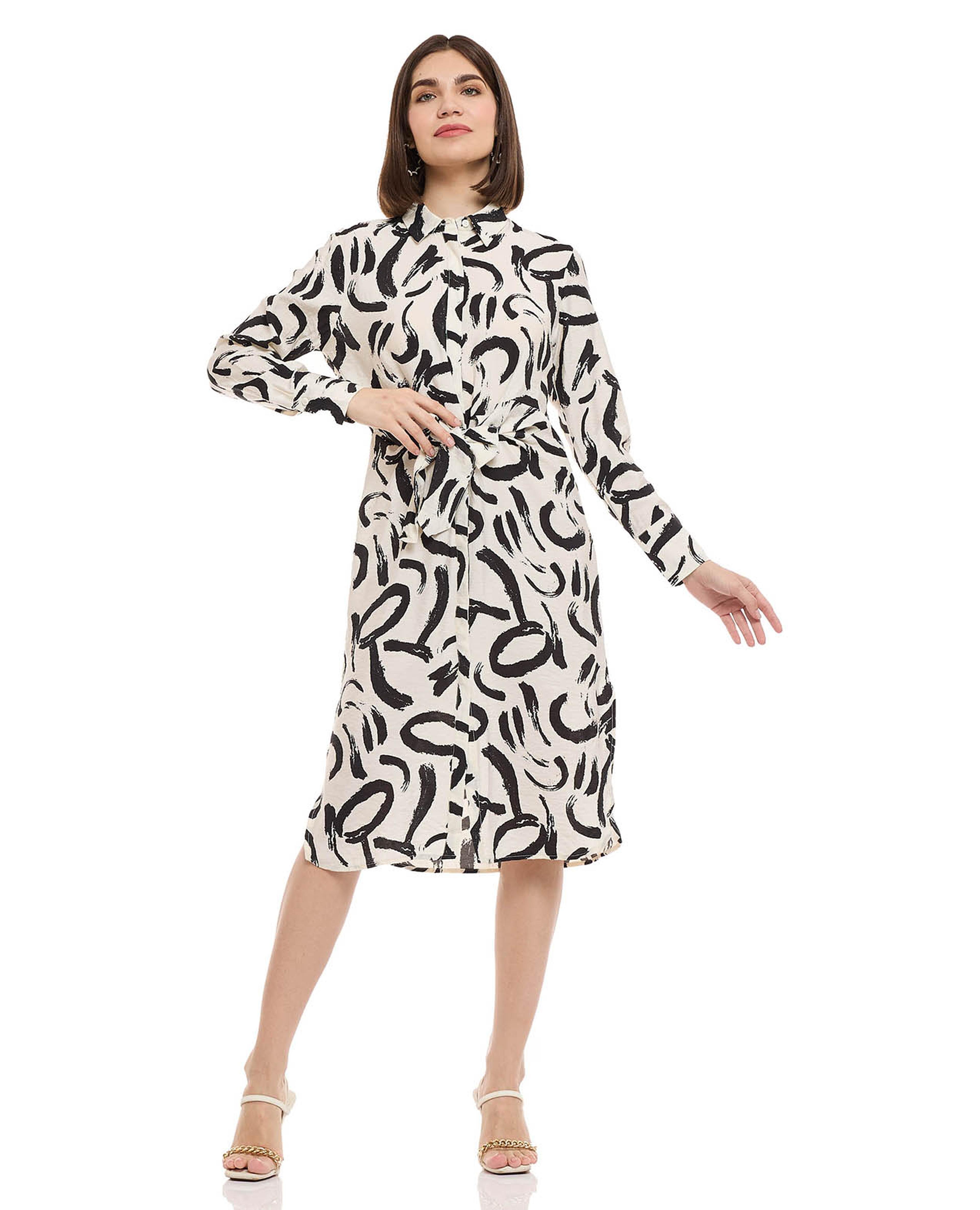 Patterned Shirt Dress with Tie Front