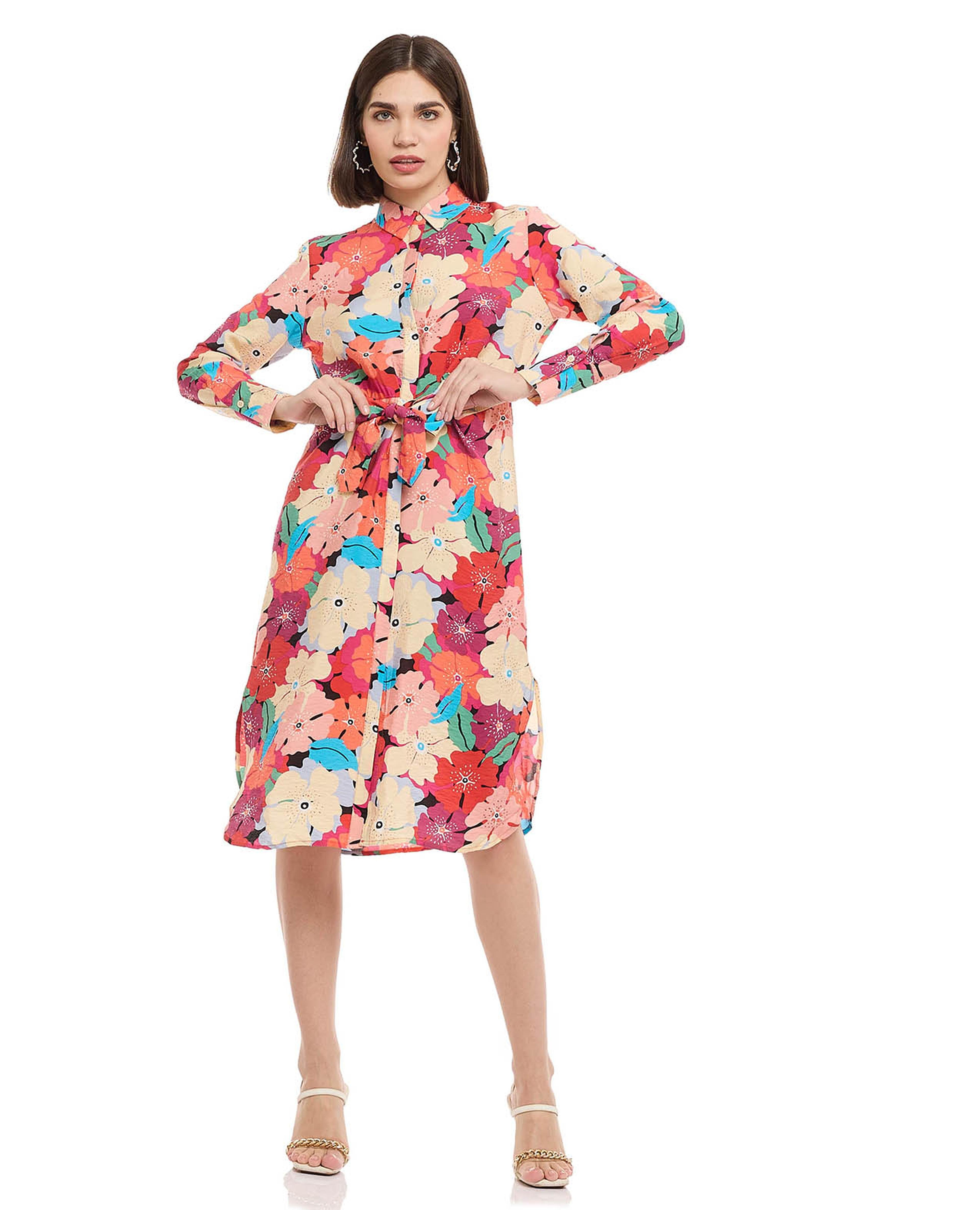 Floral Shirt Dress with Tie-Front