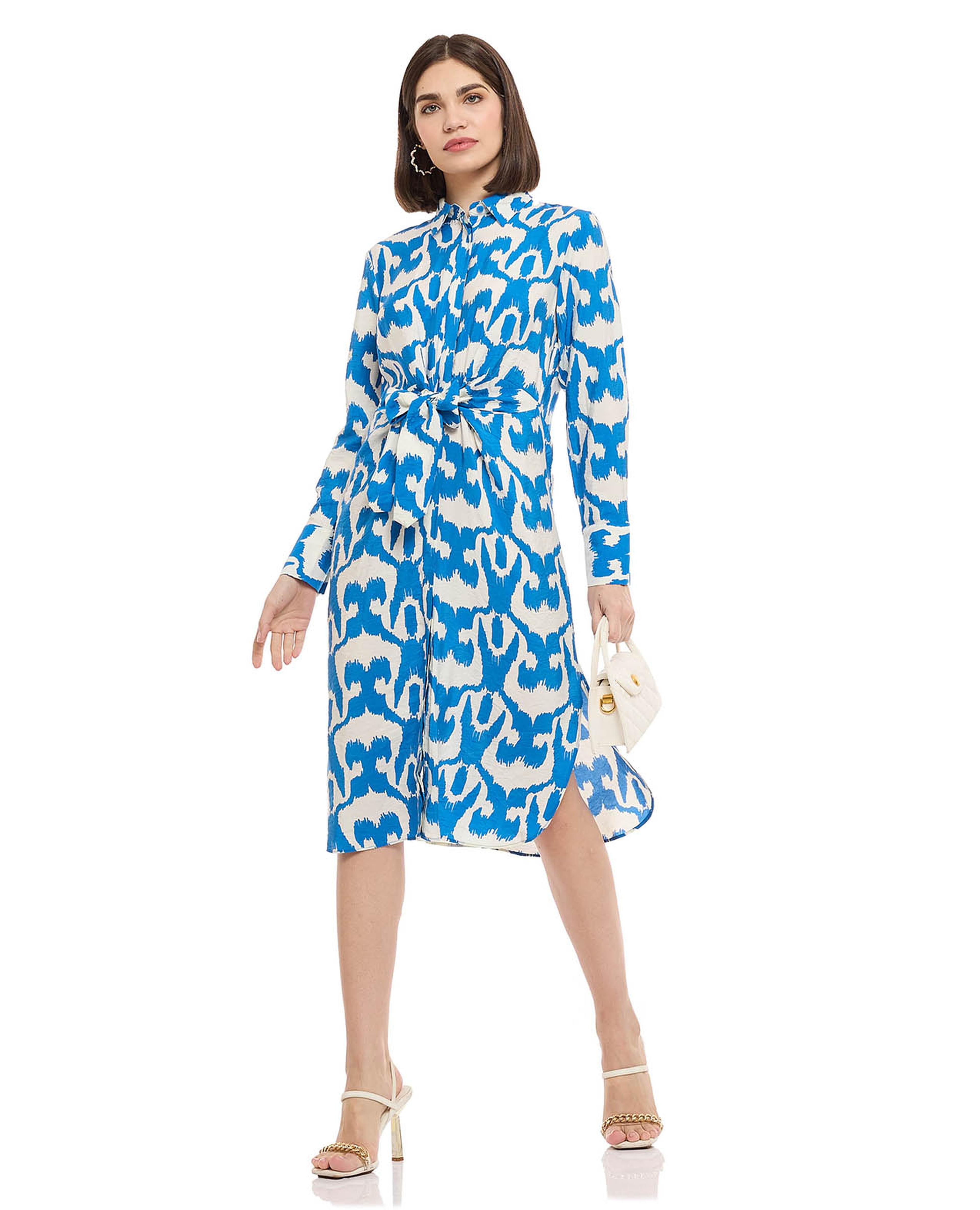 Patterned Shirt Dress with Tie Front