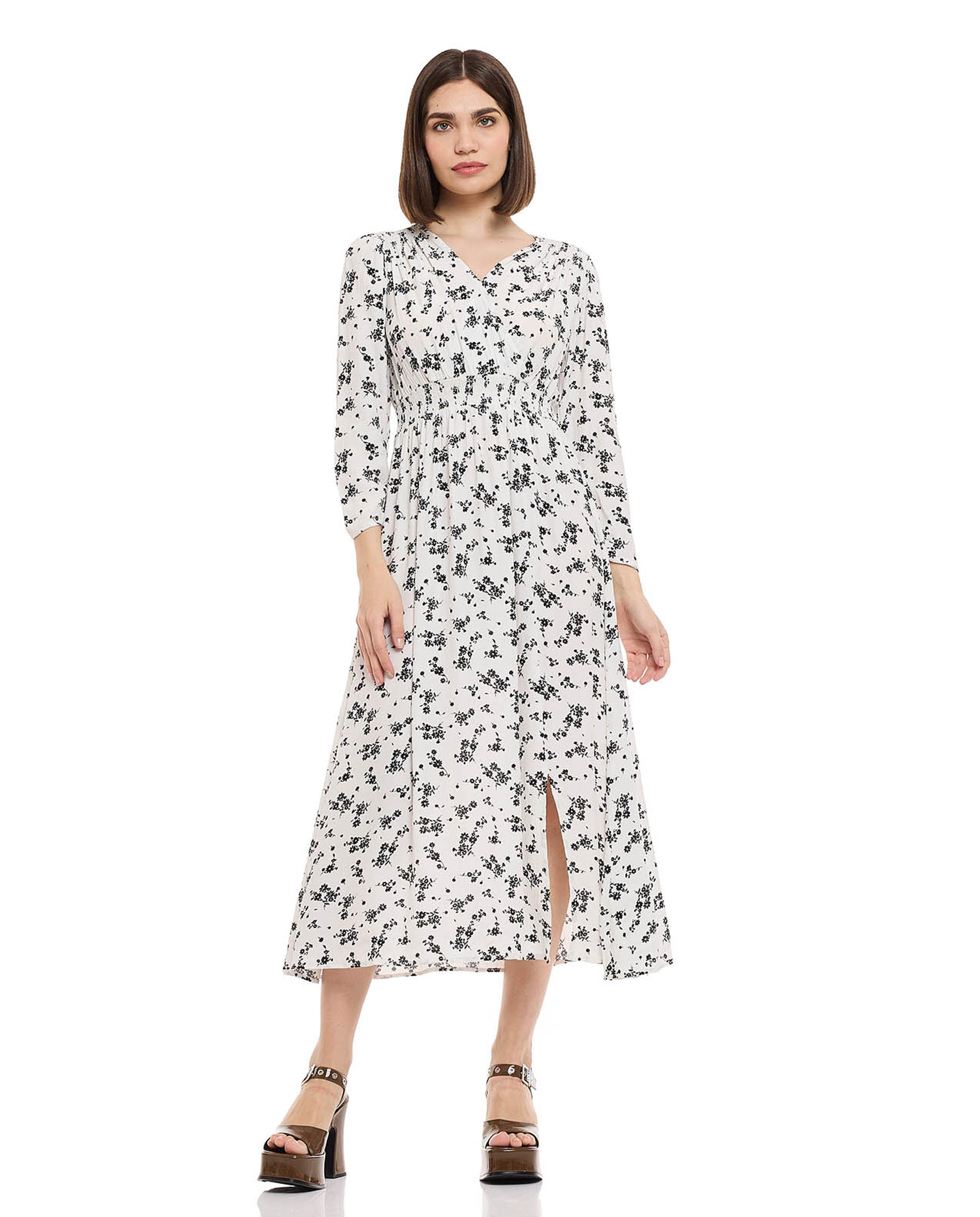 Floral Print Midi Dress with V-Neck and 3/4 Sleeves