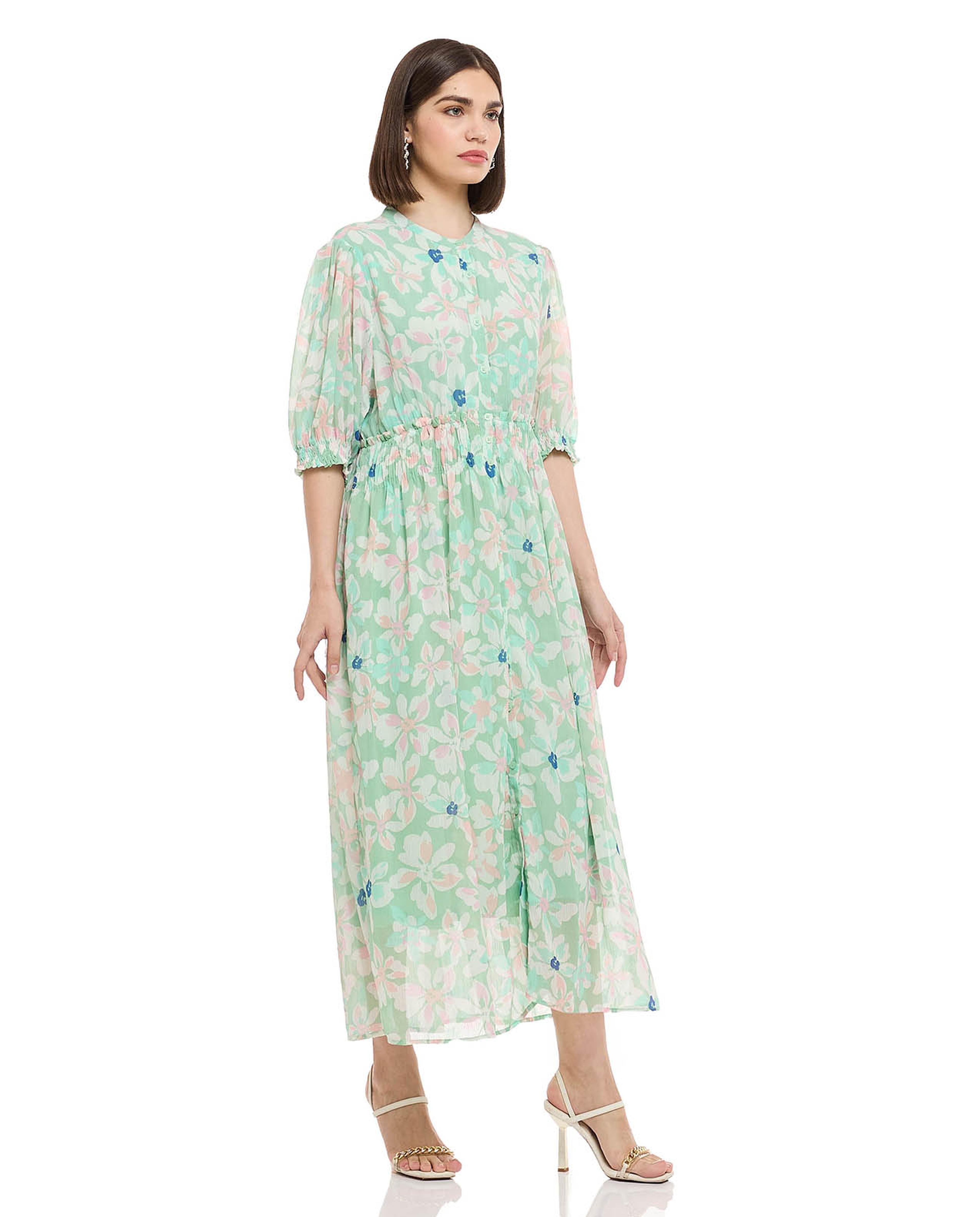 Floral Print Midi Dress with Stand Collar and Puff Sleeves