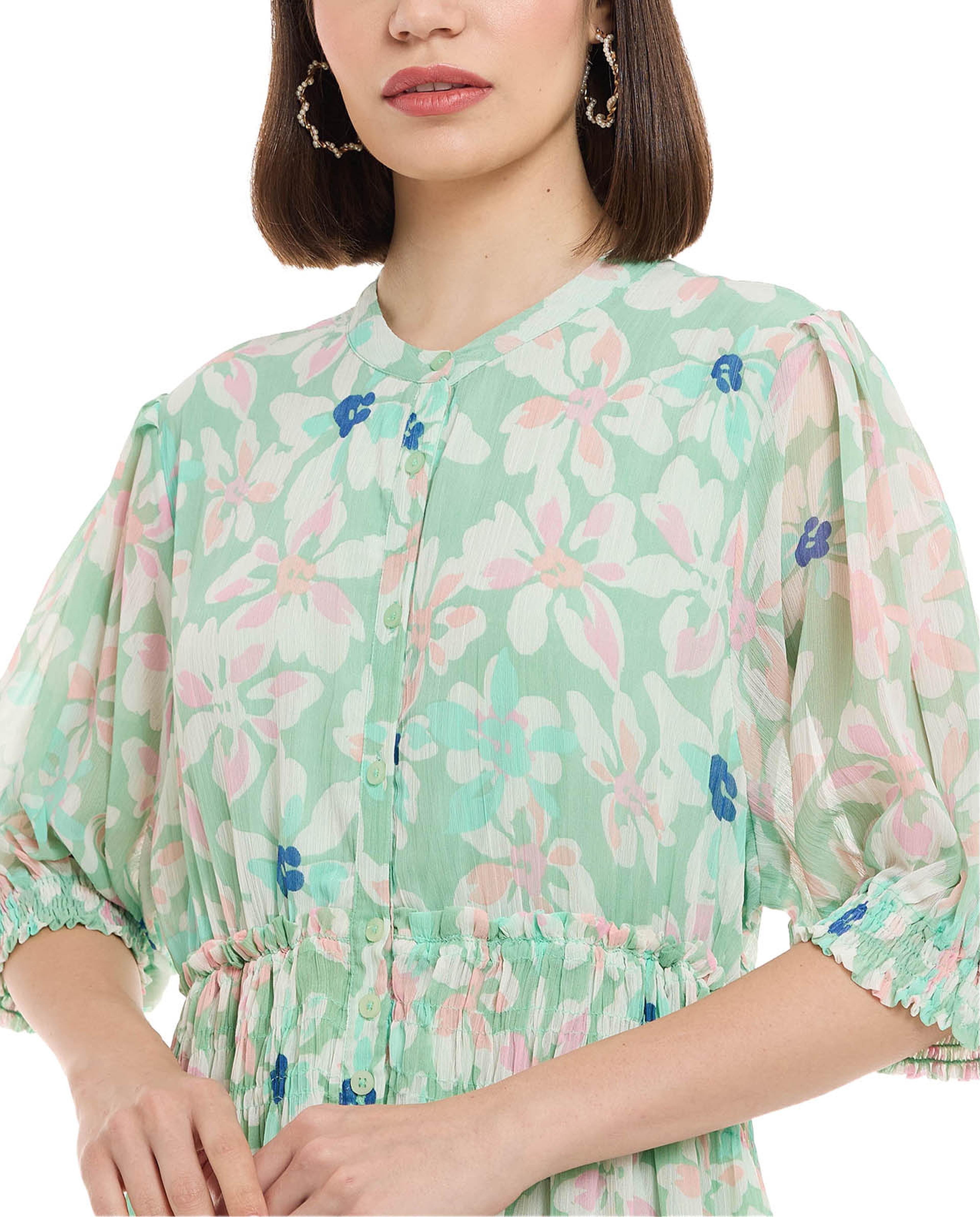 Floral Print Midi Dress with Stand Collar and Puff Sleeves