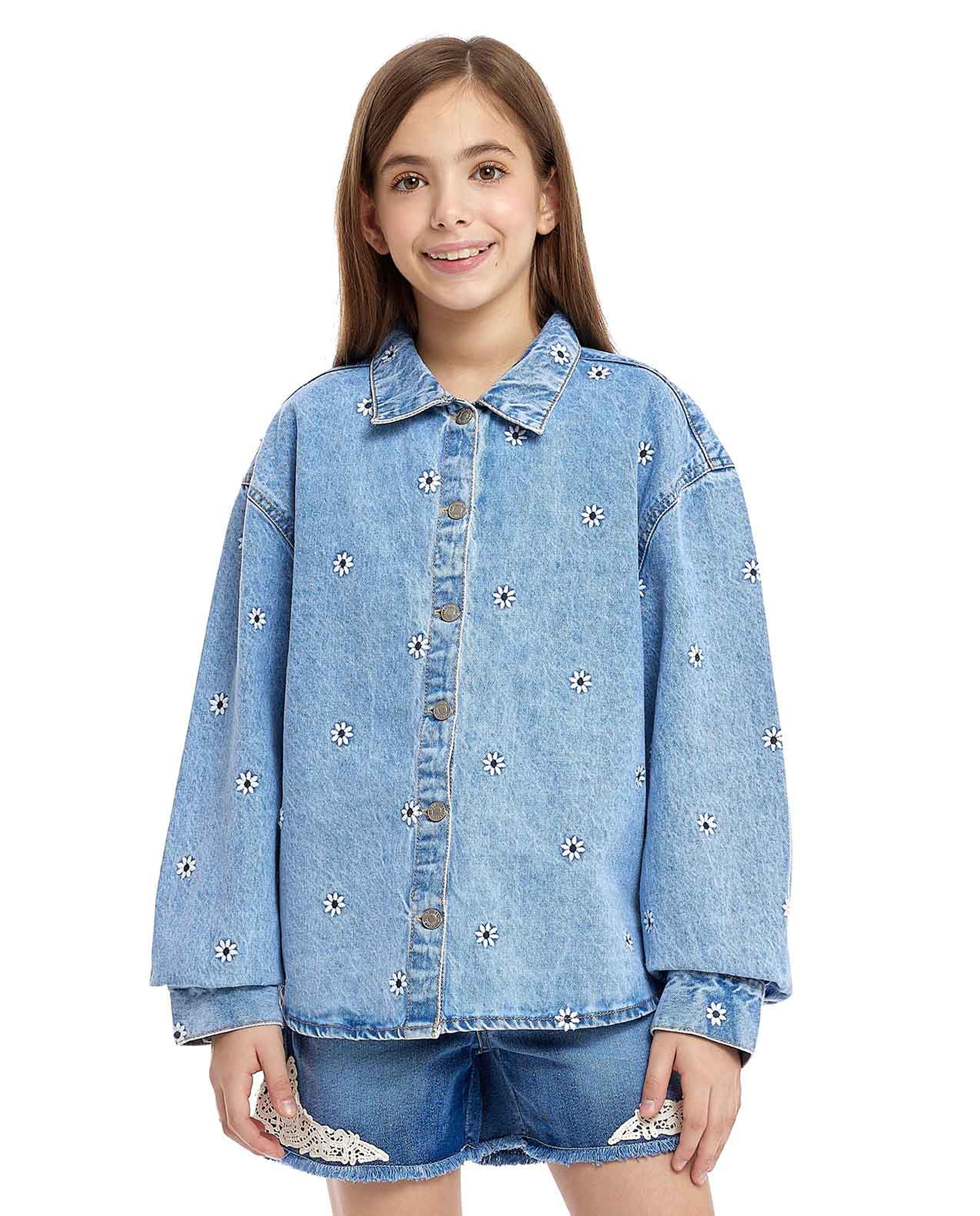 Embroidered Denim Shirt with Classic Collar and Long Sleeves