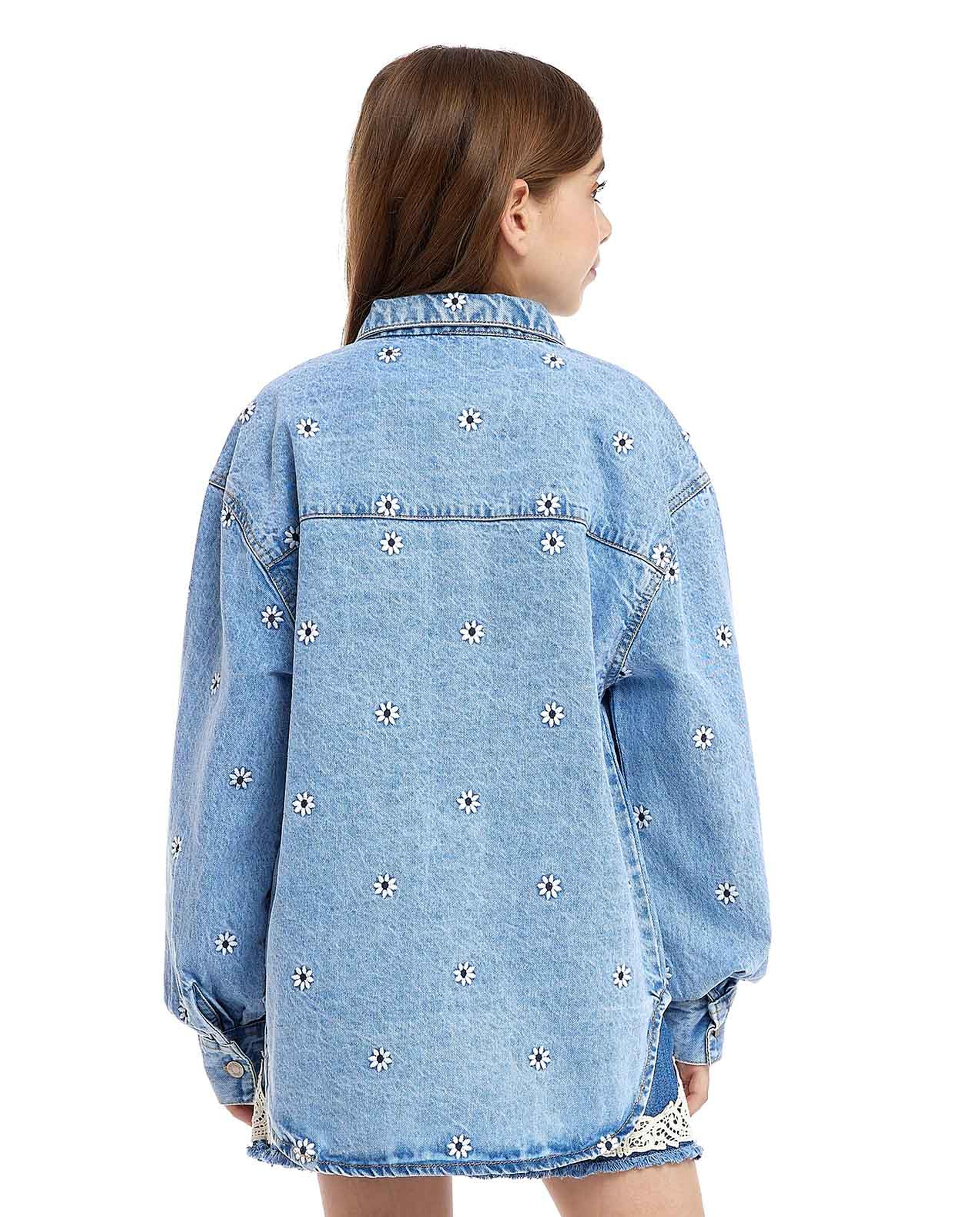 Embroidered Denim Shirt with Classic Collar and Long Sleeves