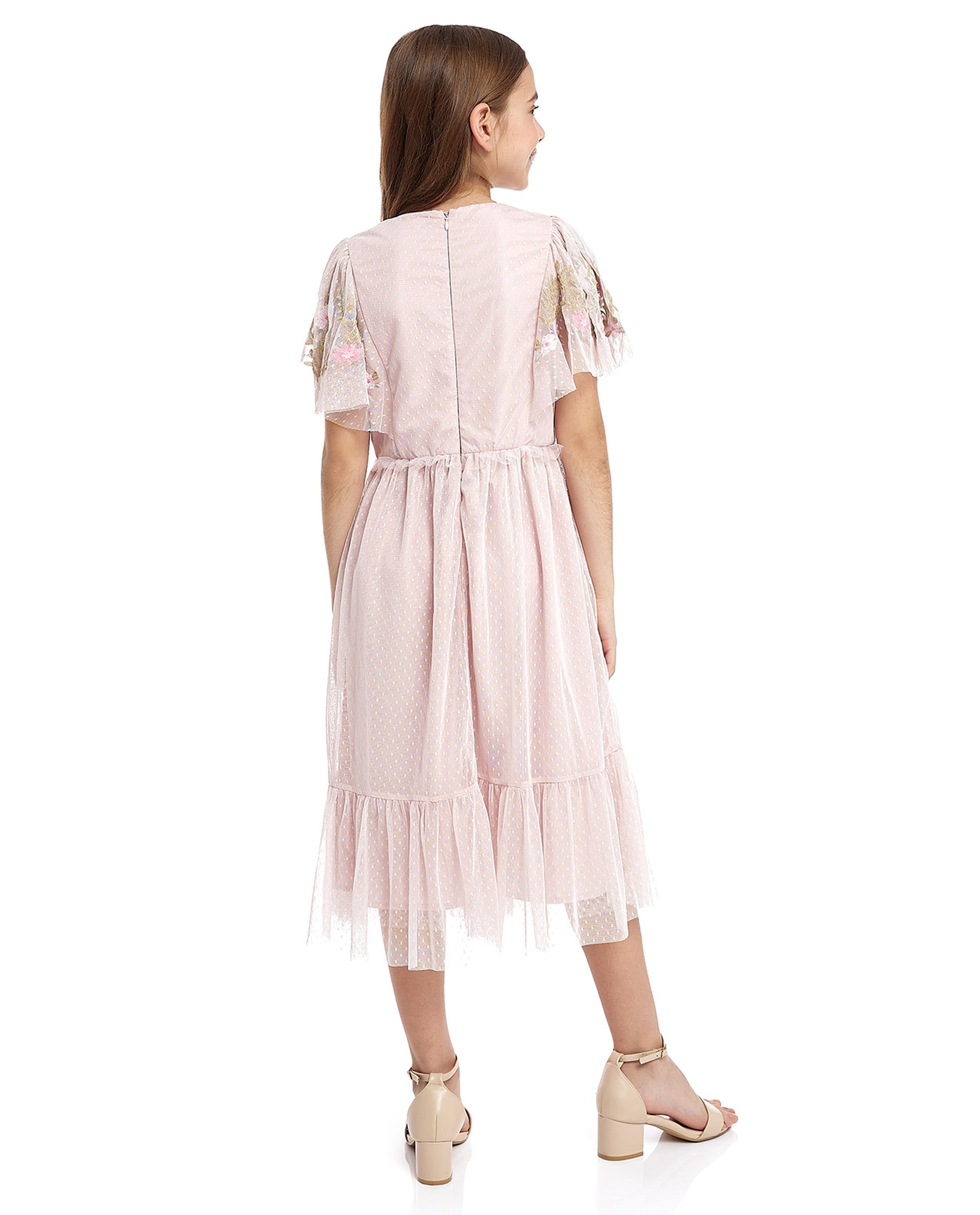 Embroidered Midi Dress with Round Neck and Flared Sleeves