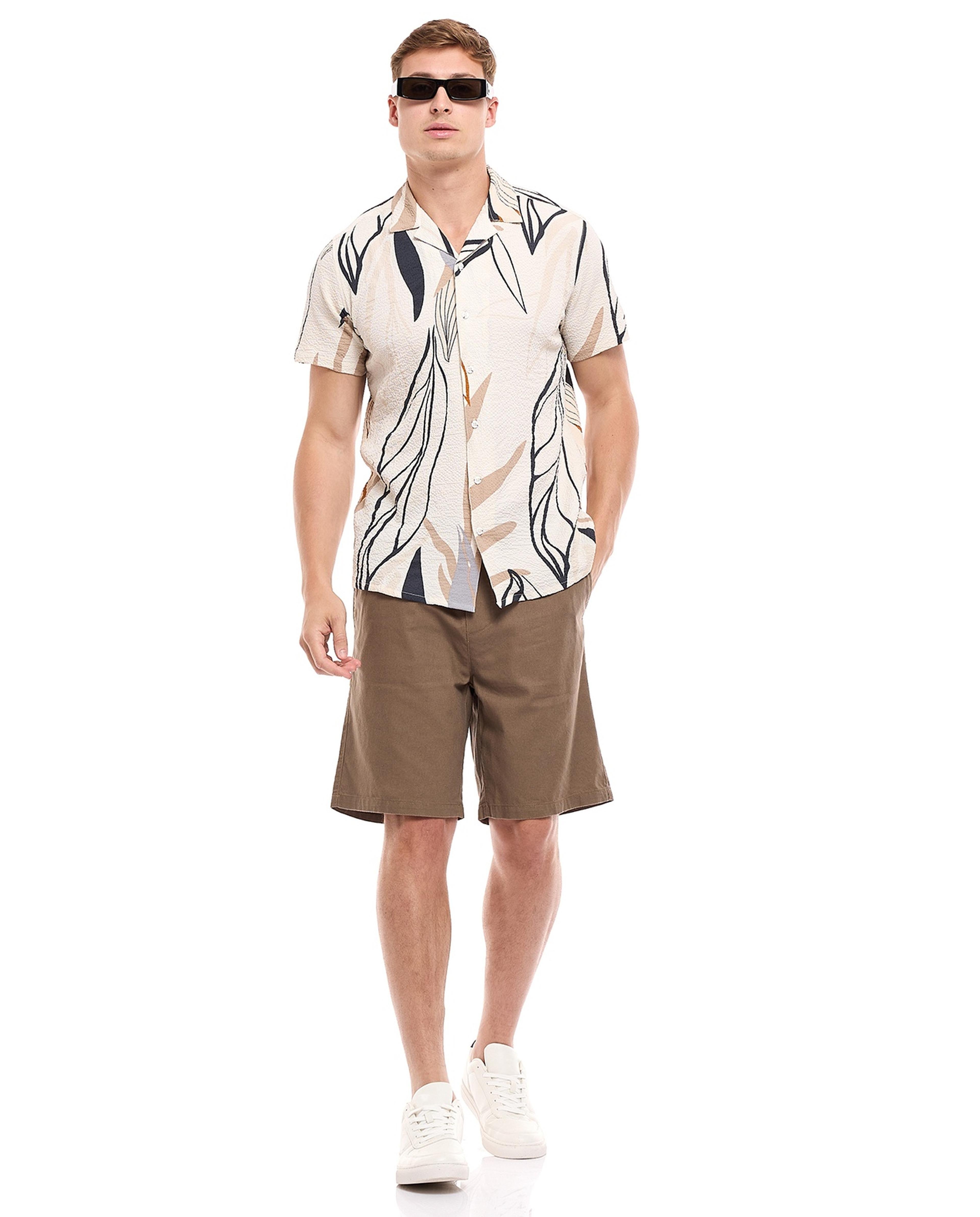 Patterned Shirt with Revere Collar and Short Sleeves