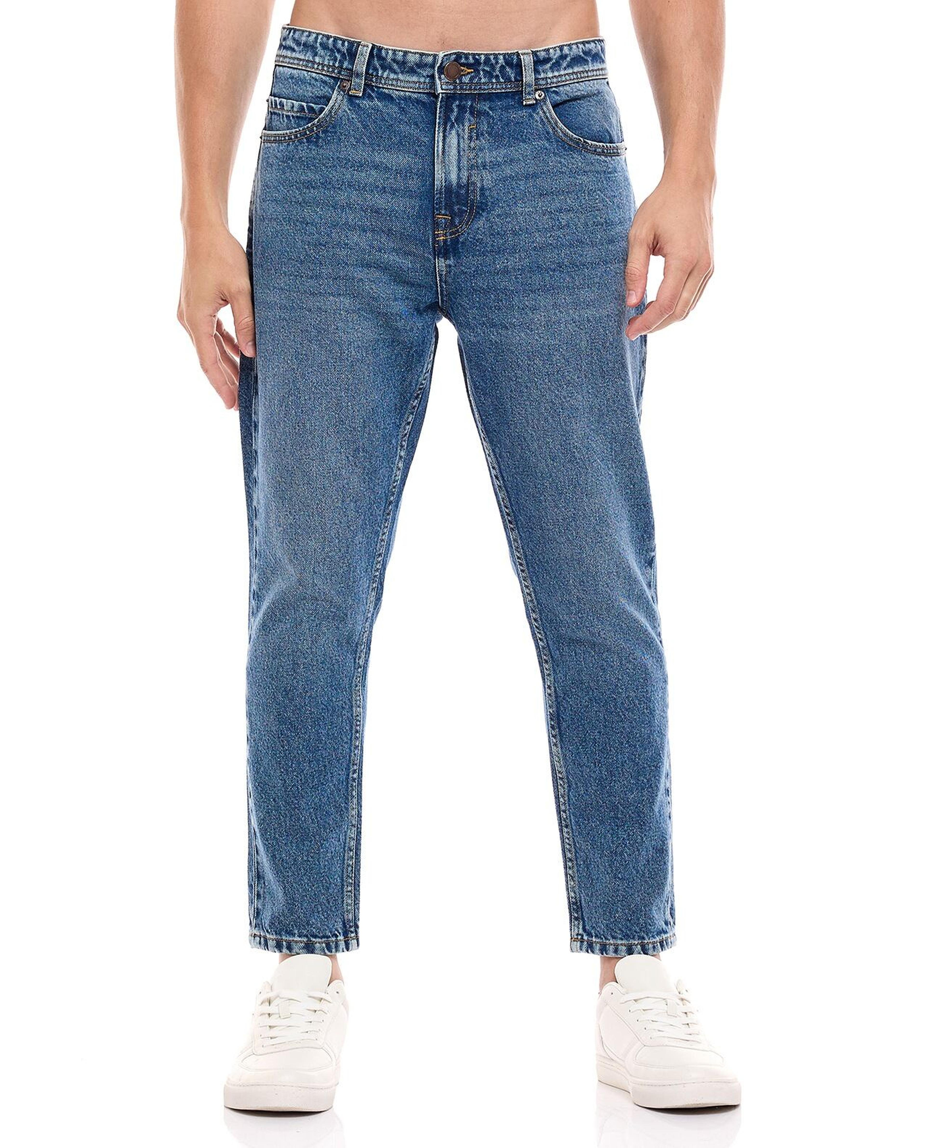 Faded Tapered Jeans with Button Closure