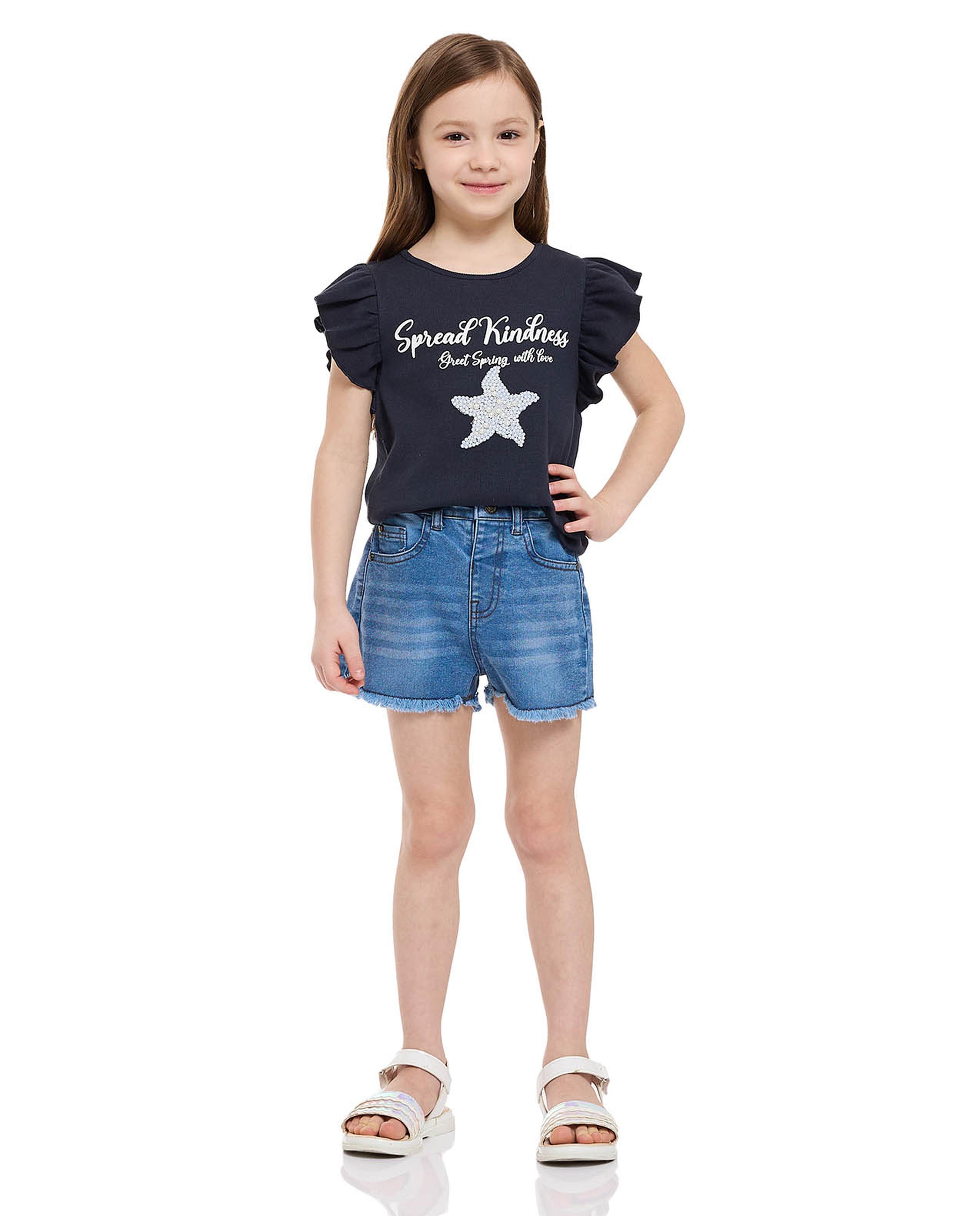 Embellished T-Shirt and Denim Shorts Set