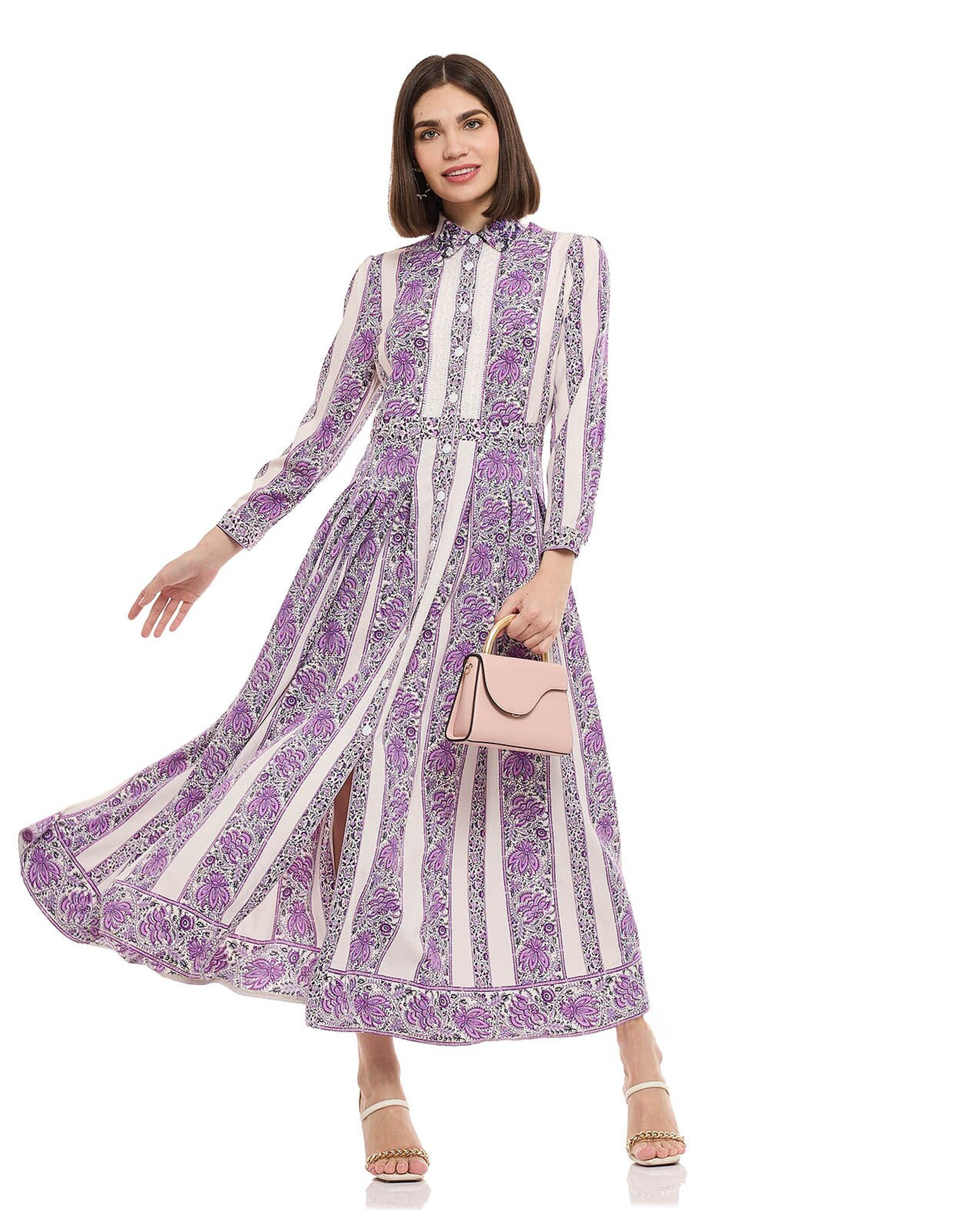 Patterned Shirt Dress with Long Sleeves