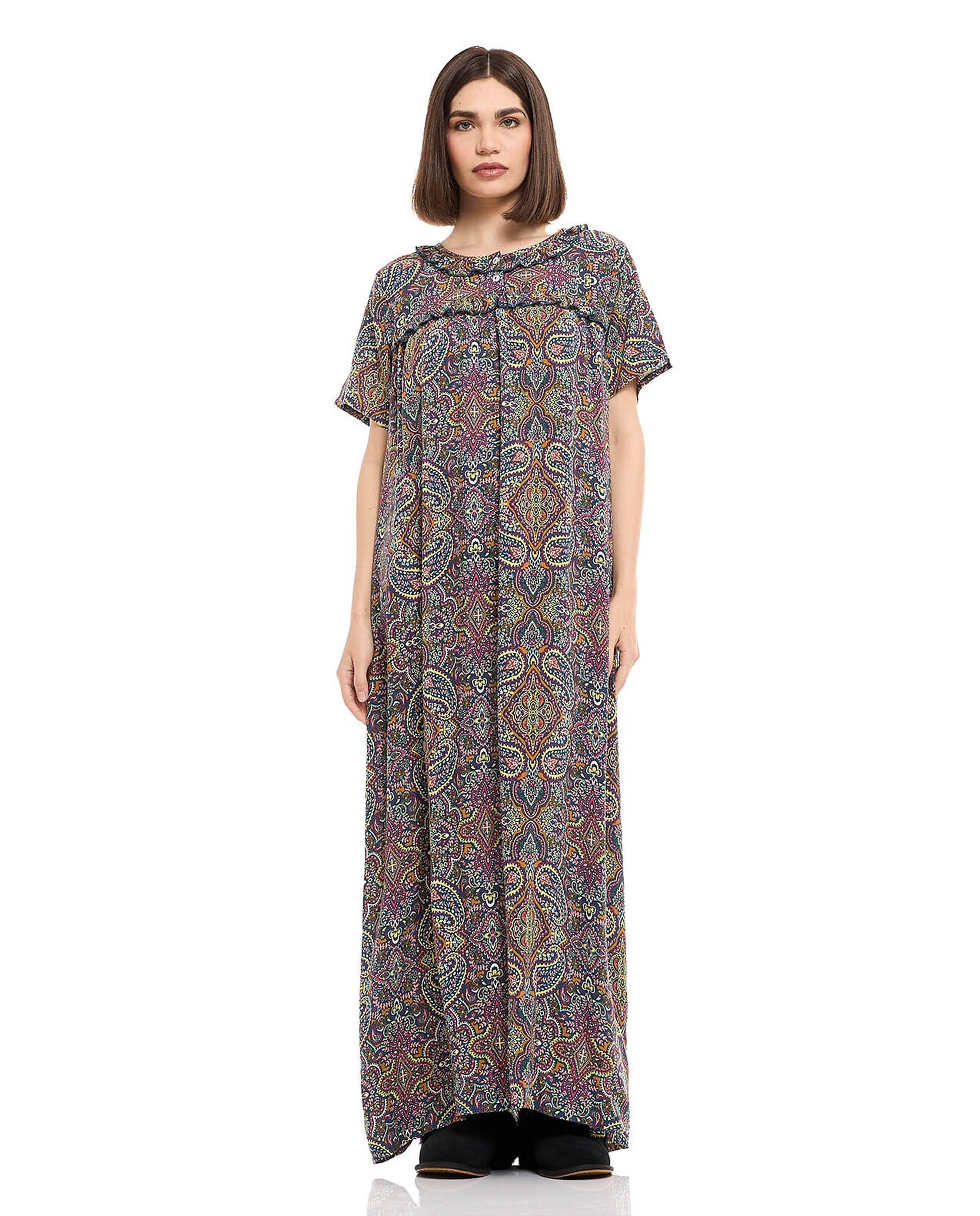 Paisley Patterned Night Gown with Short Sleeves
