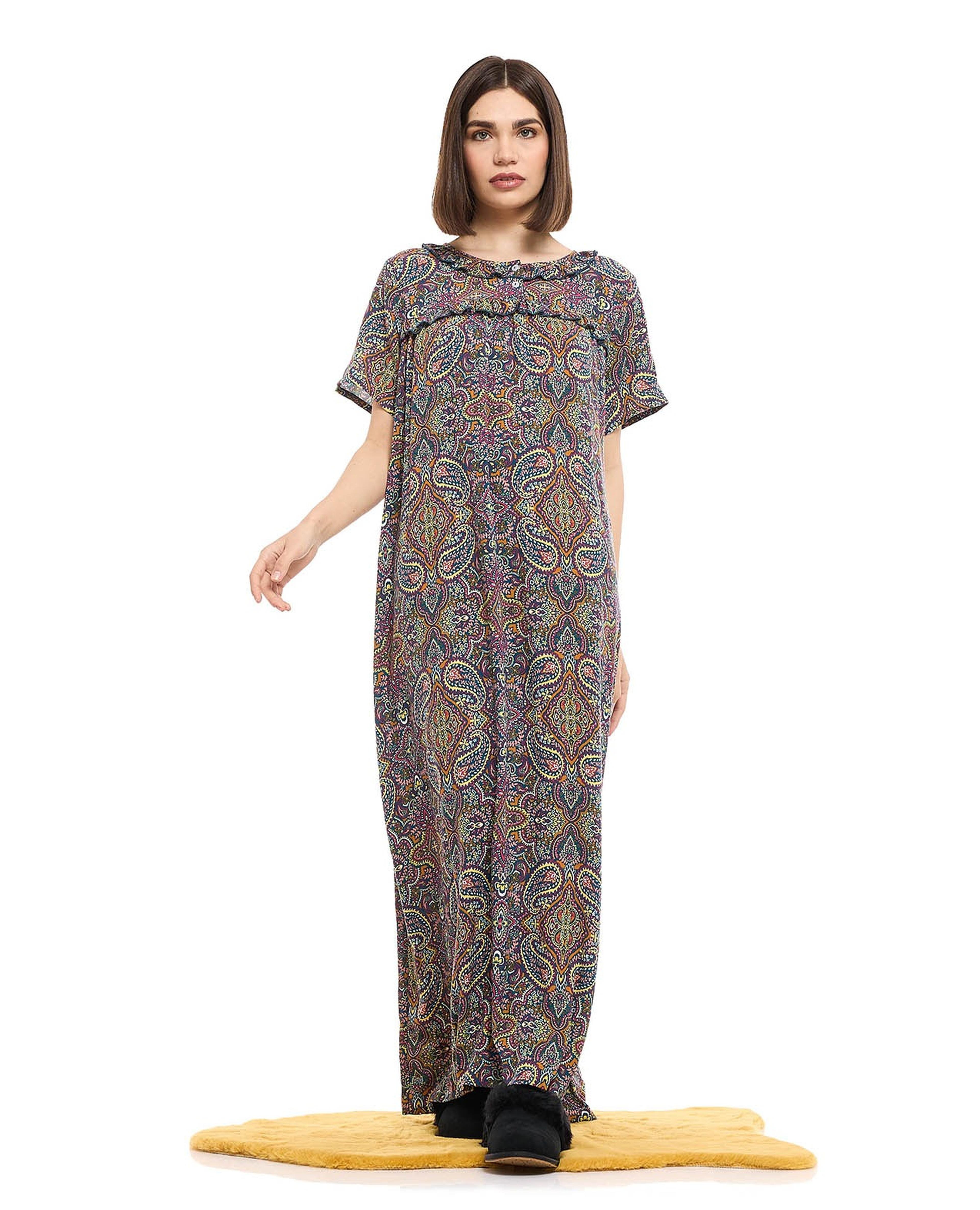 Paisley Patterned Night Gown with Short Sleeves