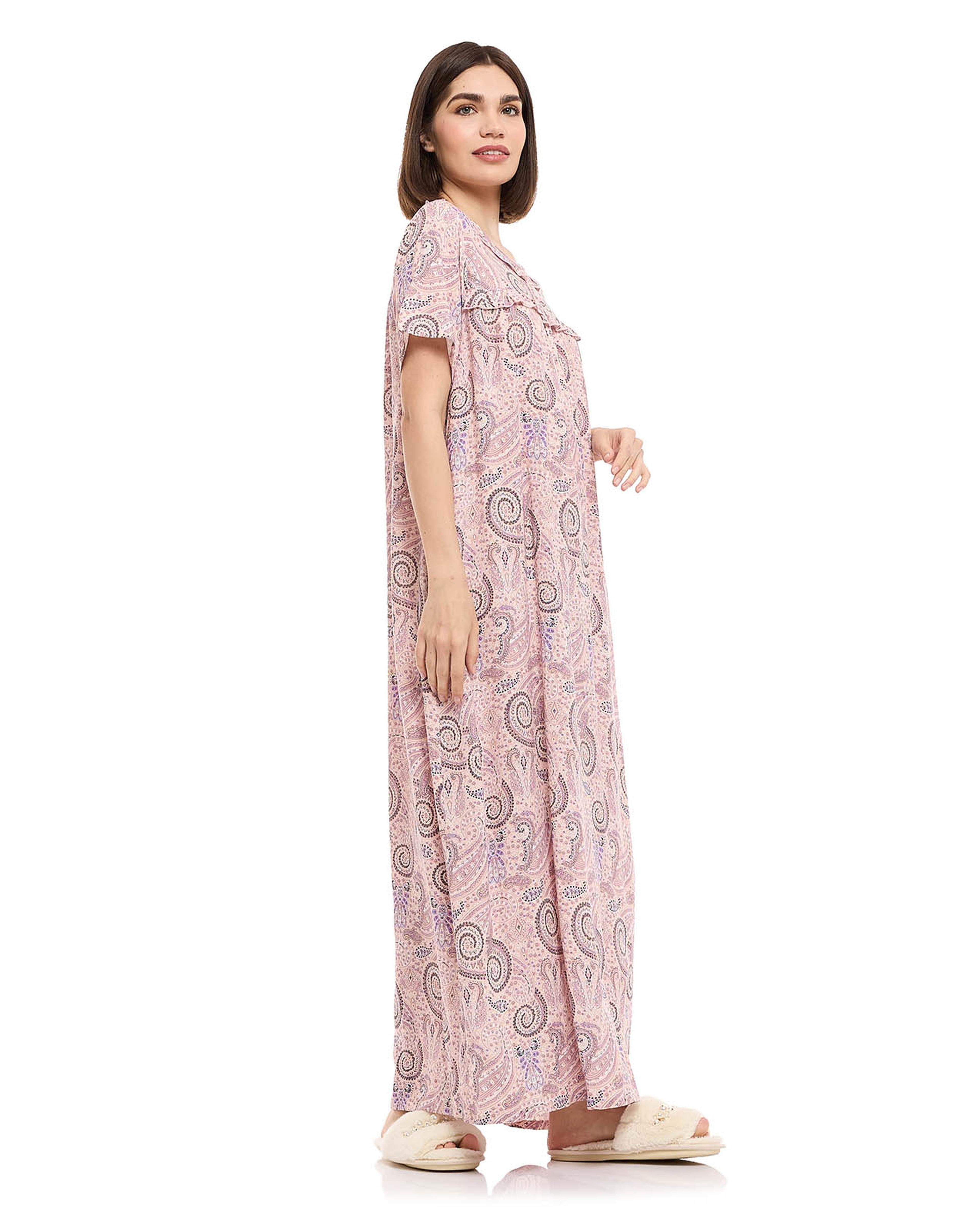 Patterned Night Gown with Short Sleeves