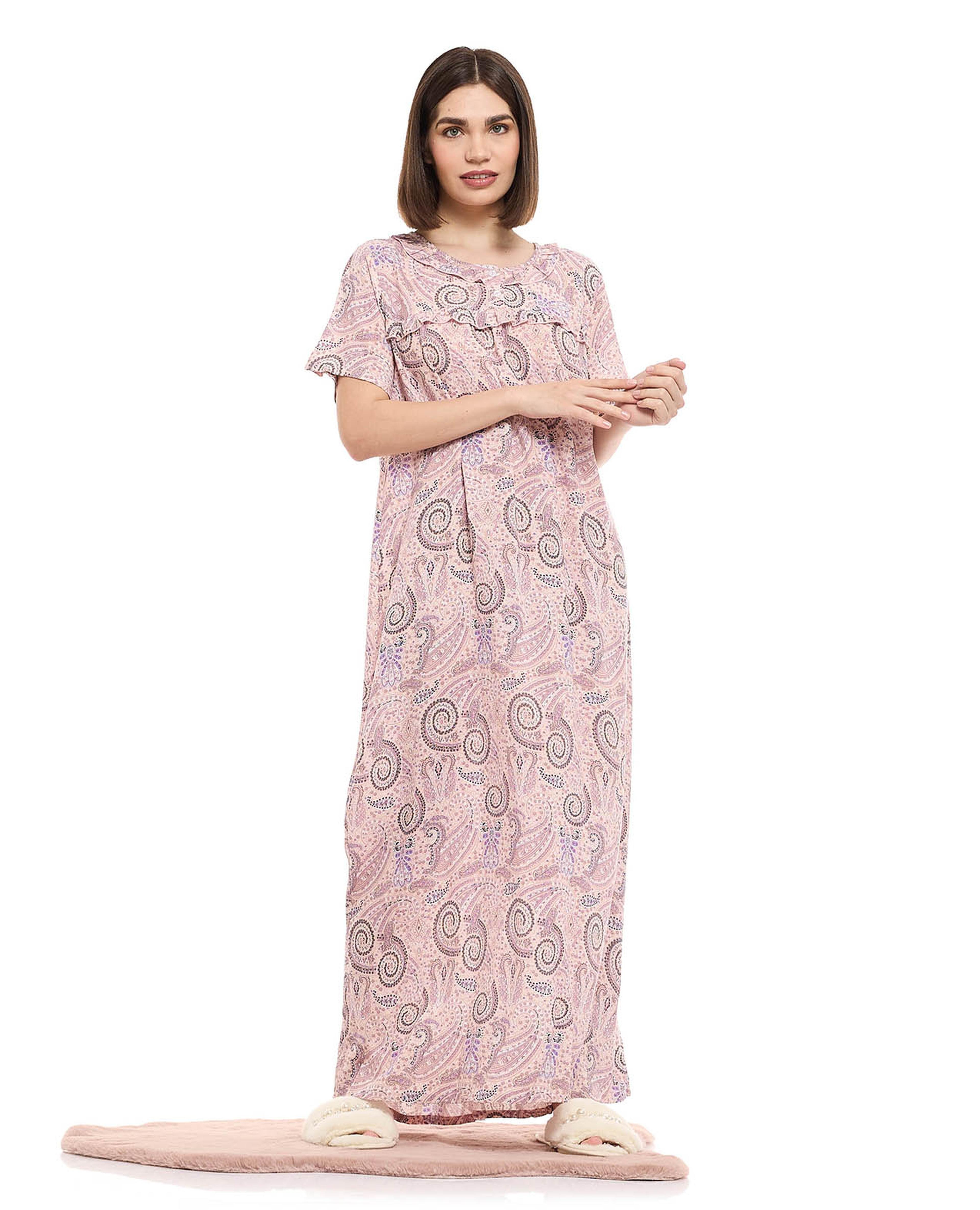 Patterned Night Gown with Short Sleeves