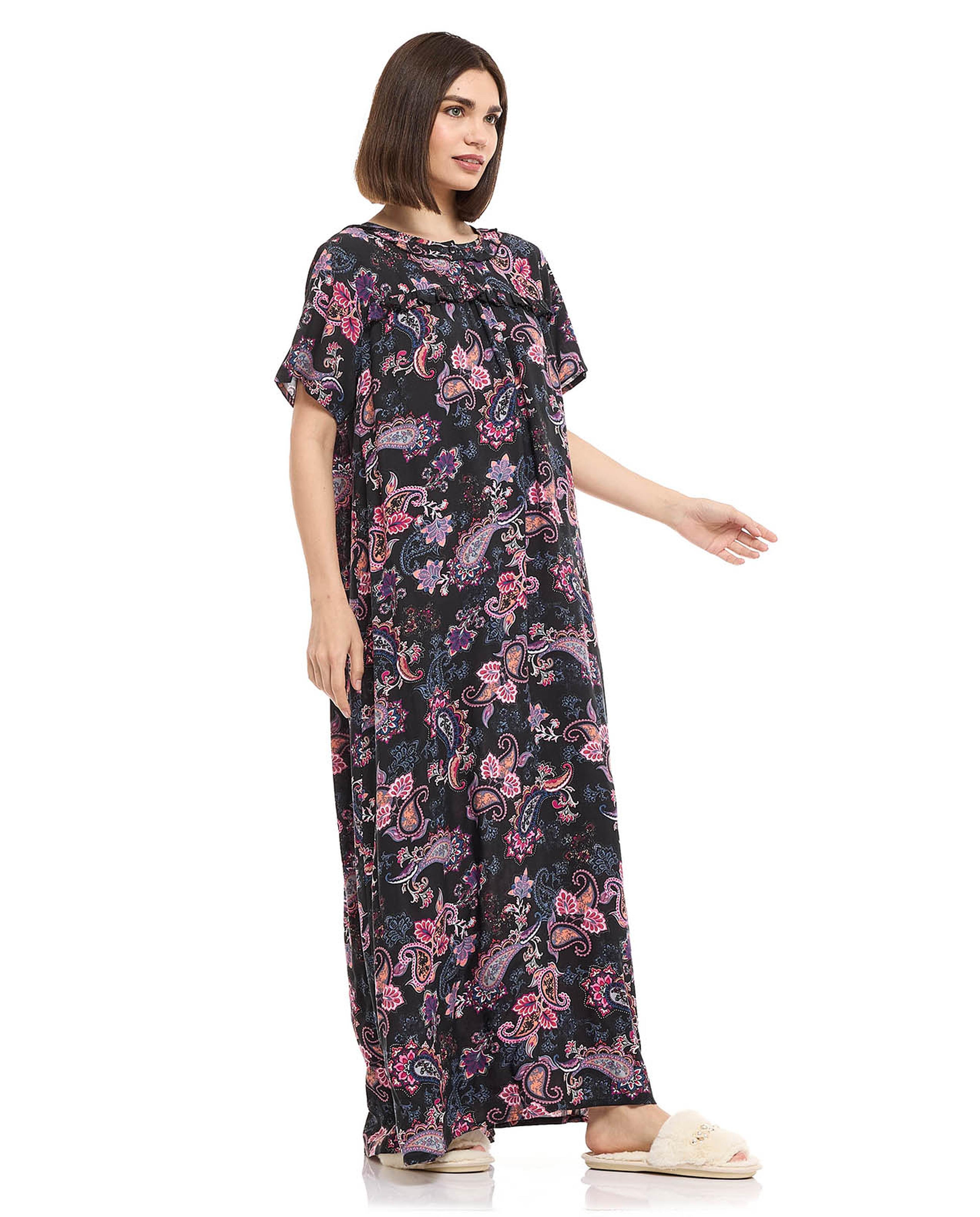 Floral Print Night Gown with Short Sleeves
