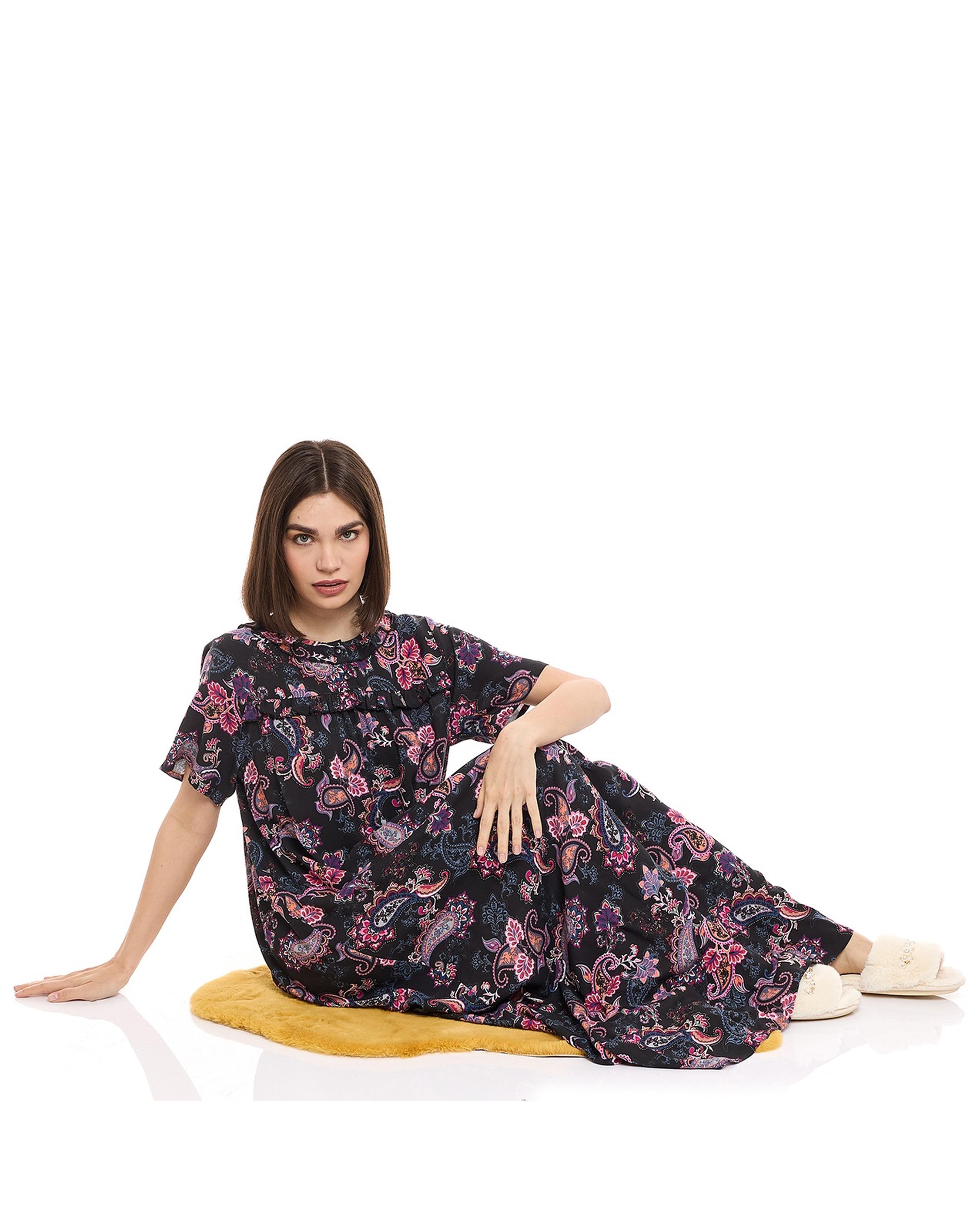 Floral Print Night Gown with Short Sleeves