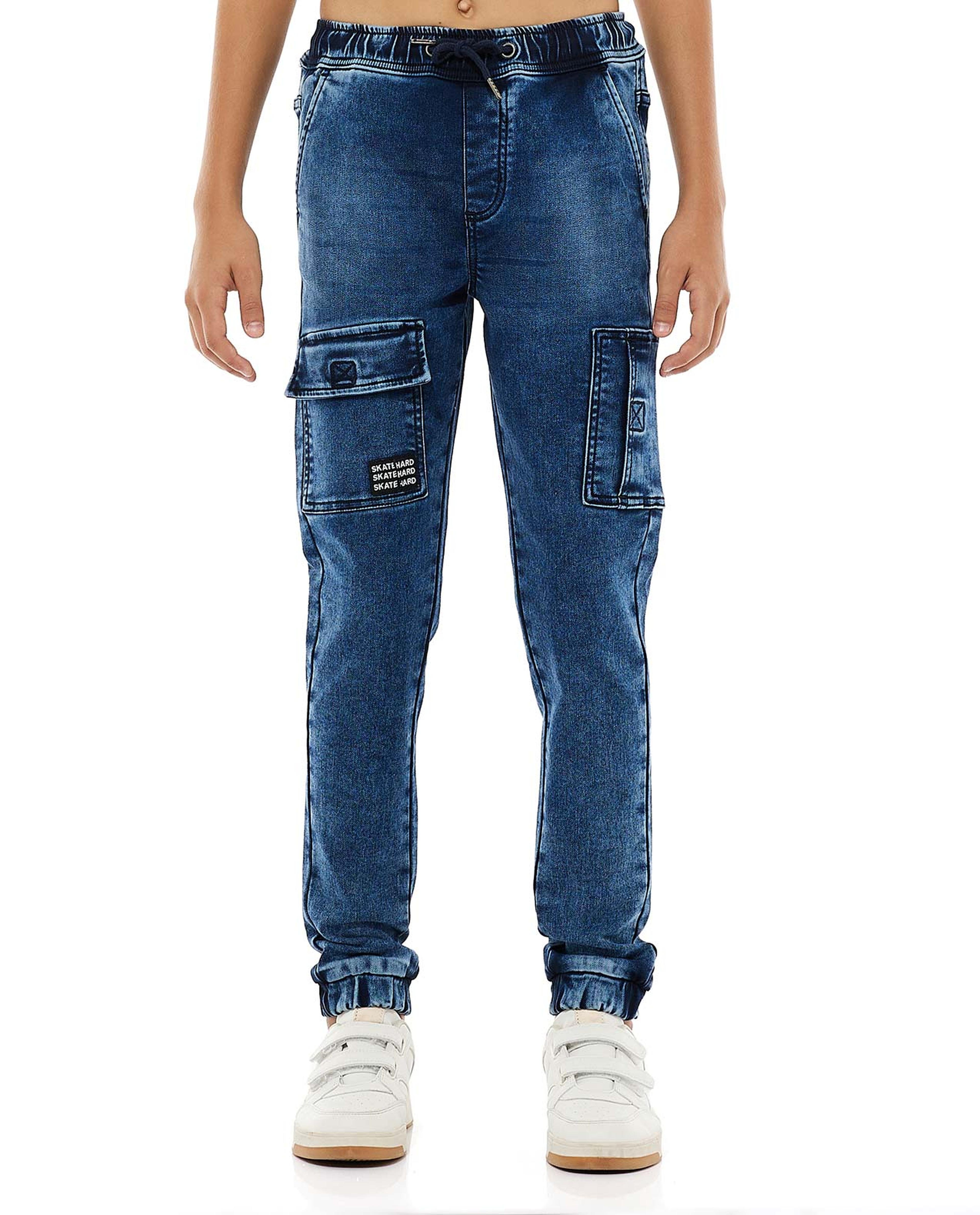 Faded Cargo Jeans with Drawstring Waist