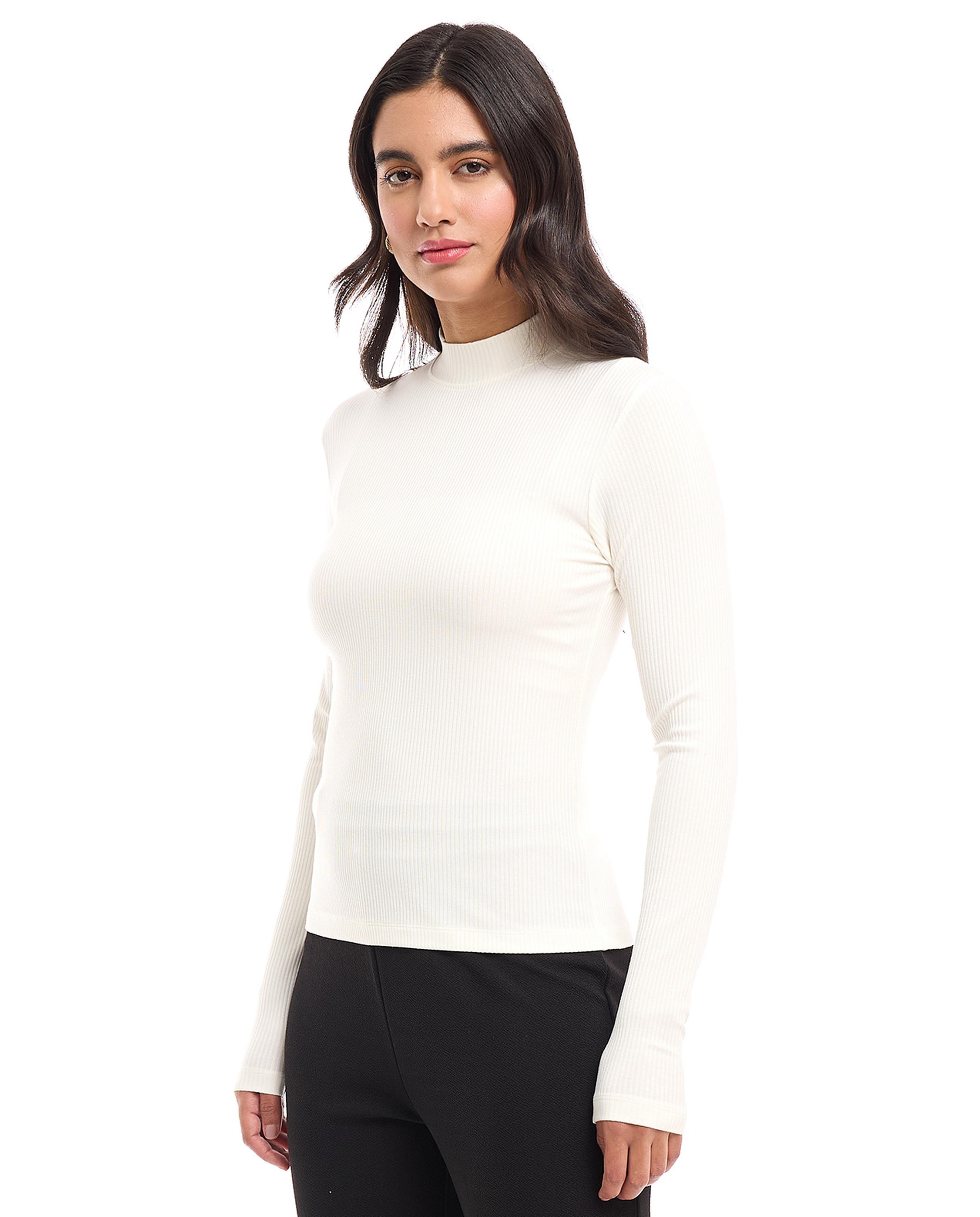 Ribbed Top with Mock Neck and Long Sleeves