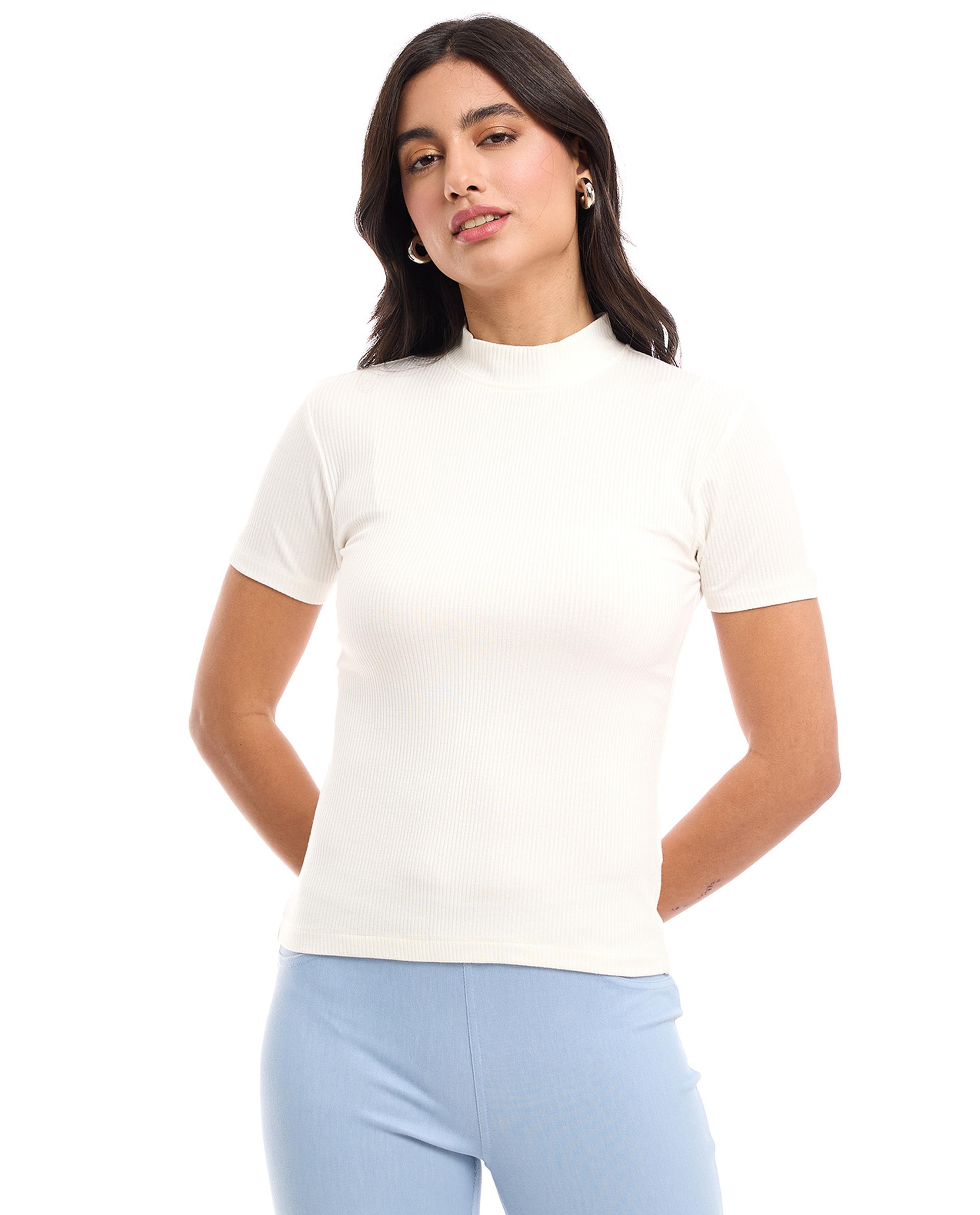 Ribbed Top with Mock Neck and Short Sleeves