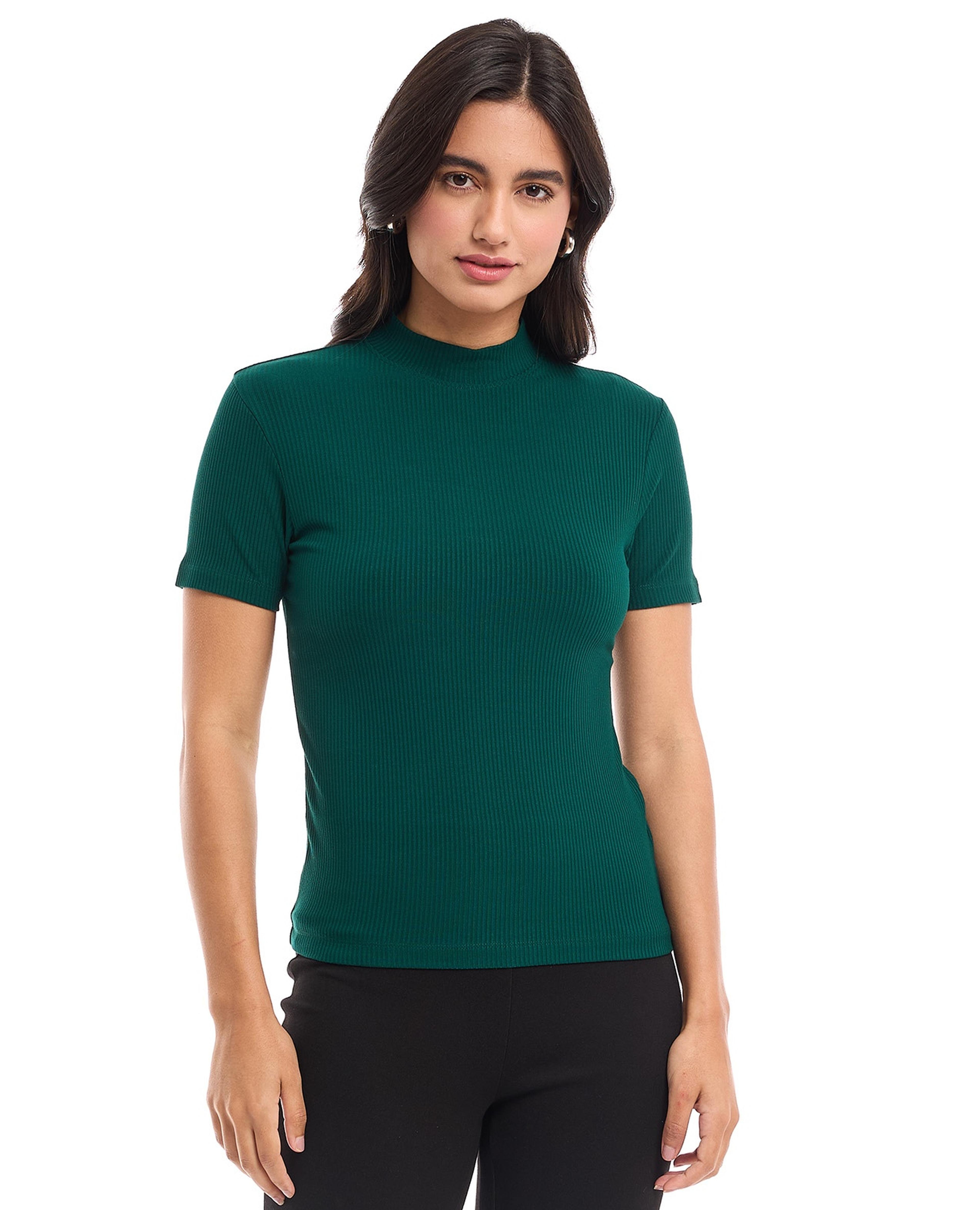 Ribbed Top with Mock Neck and Short Sleeves