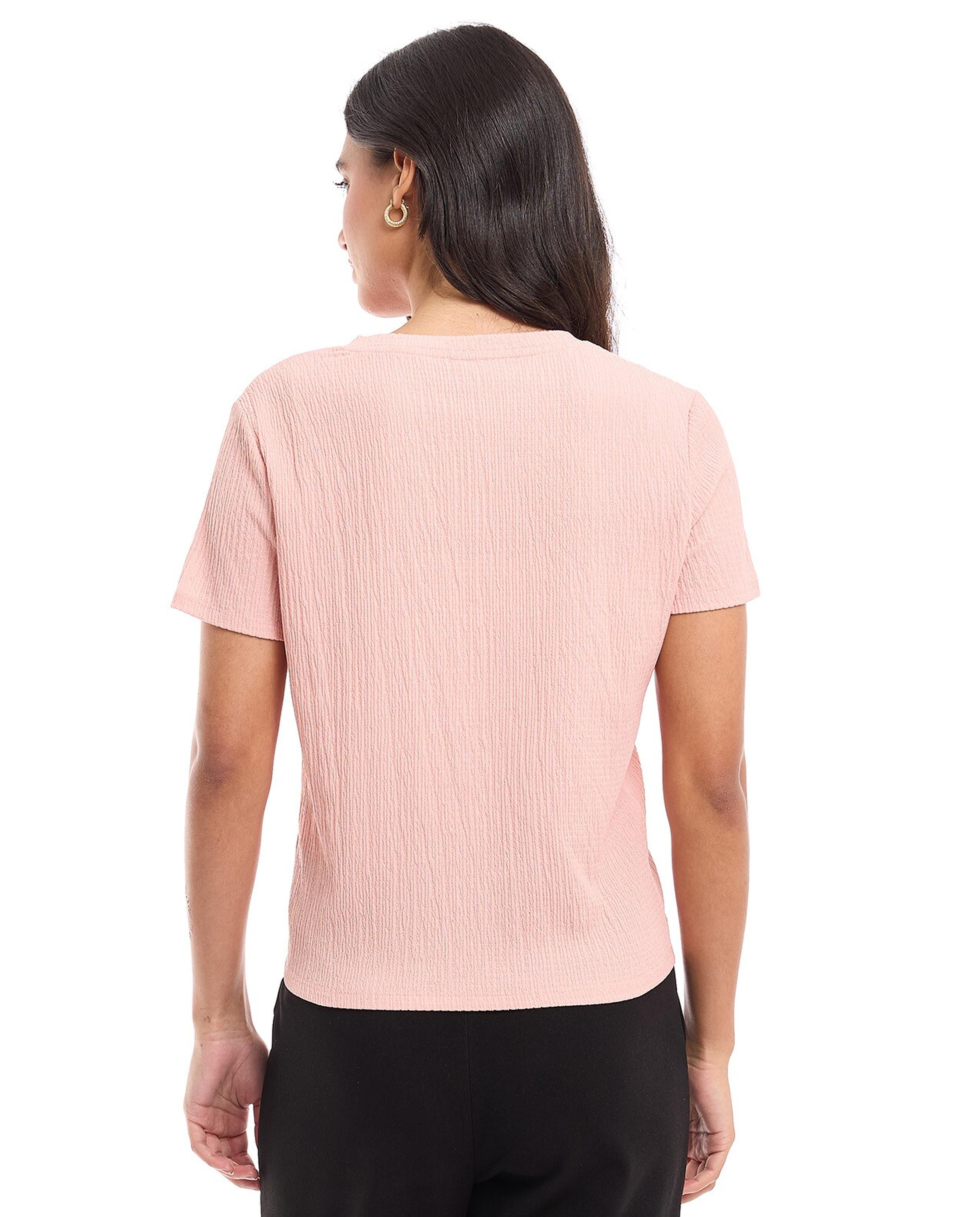Textured Top with V-Neck and Short Sleeves
