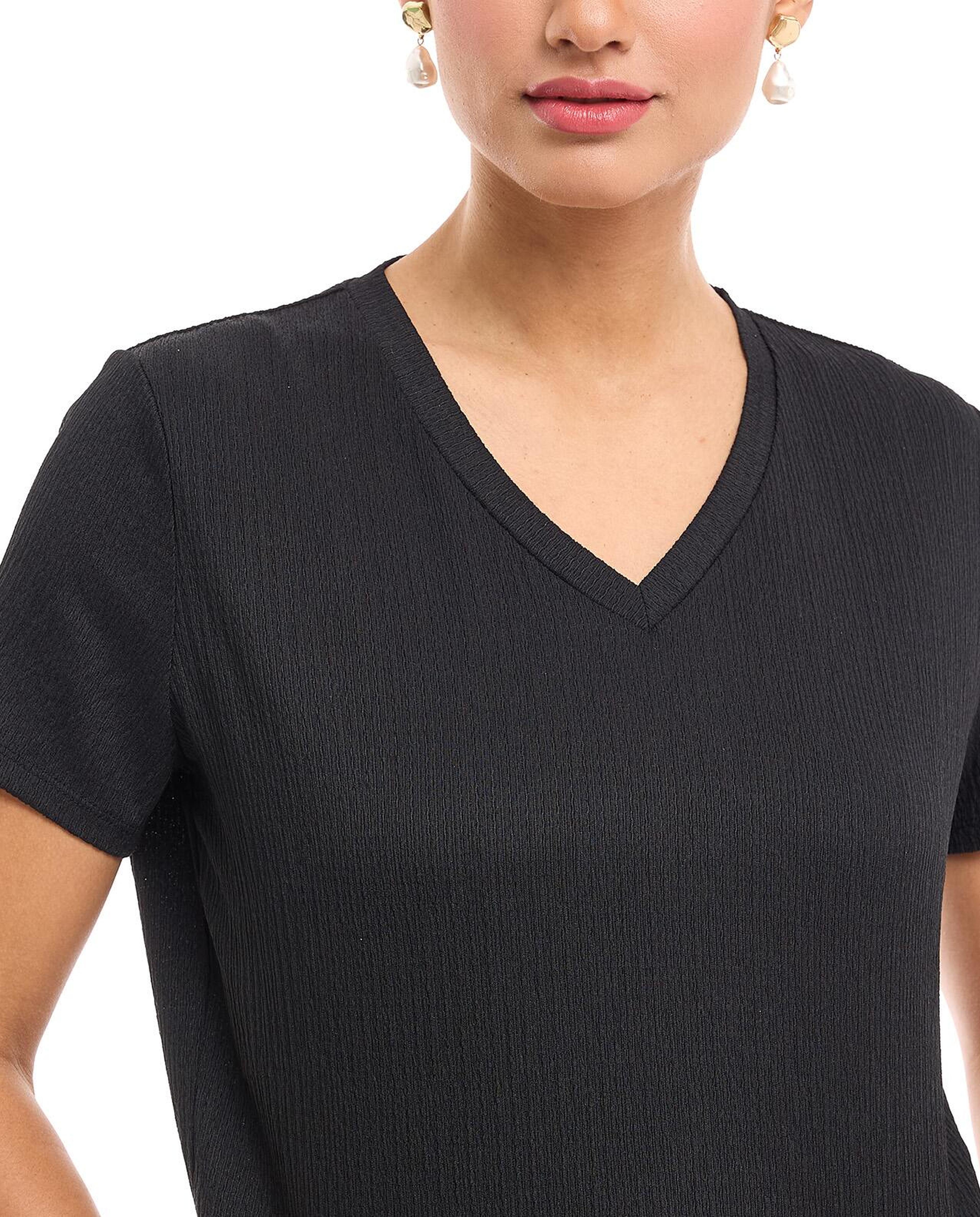 Textured Top with V-Neck and Short Sleeves