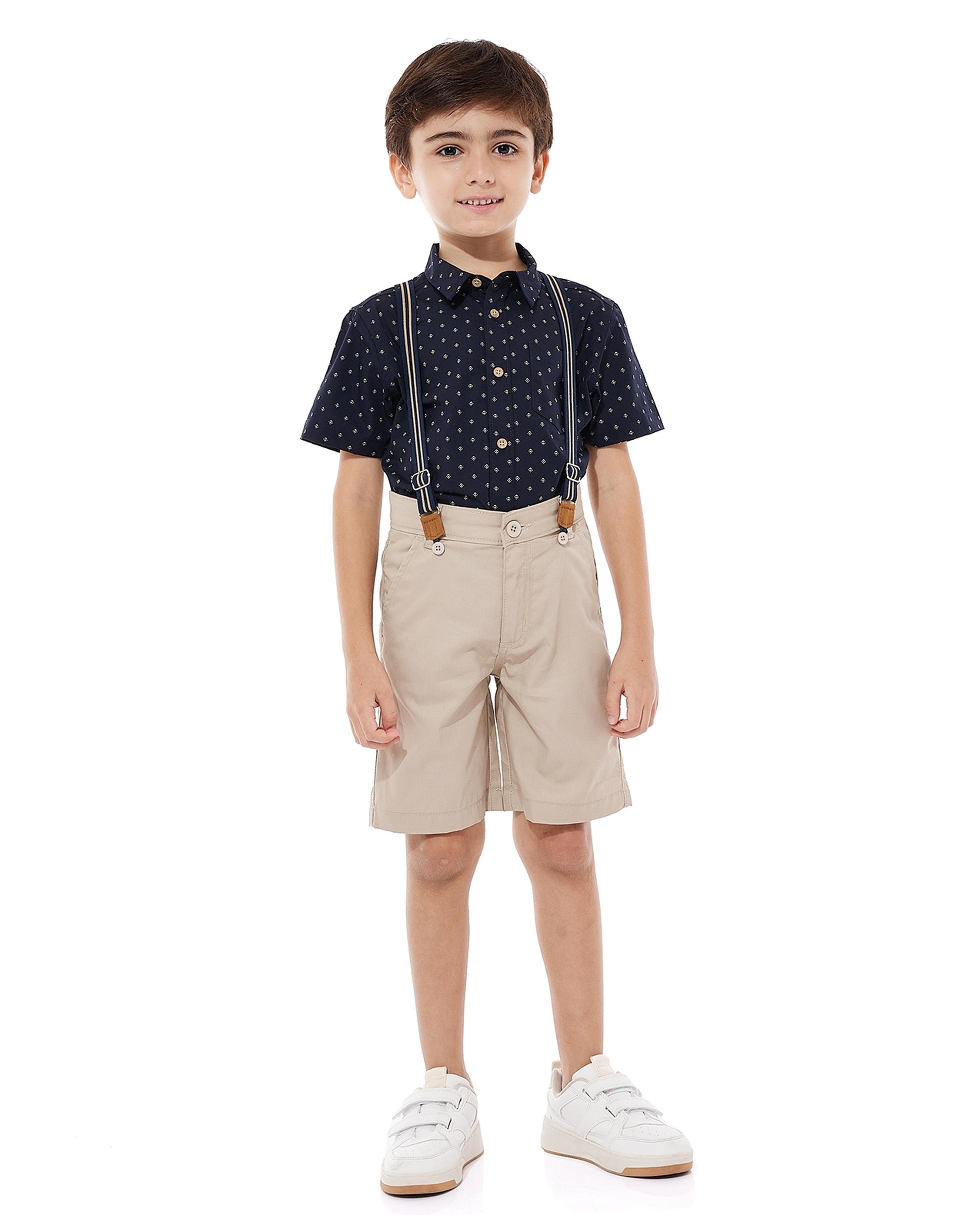 Printed Shirt and Shorts Set with Suspenders