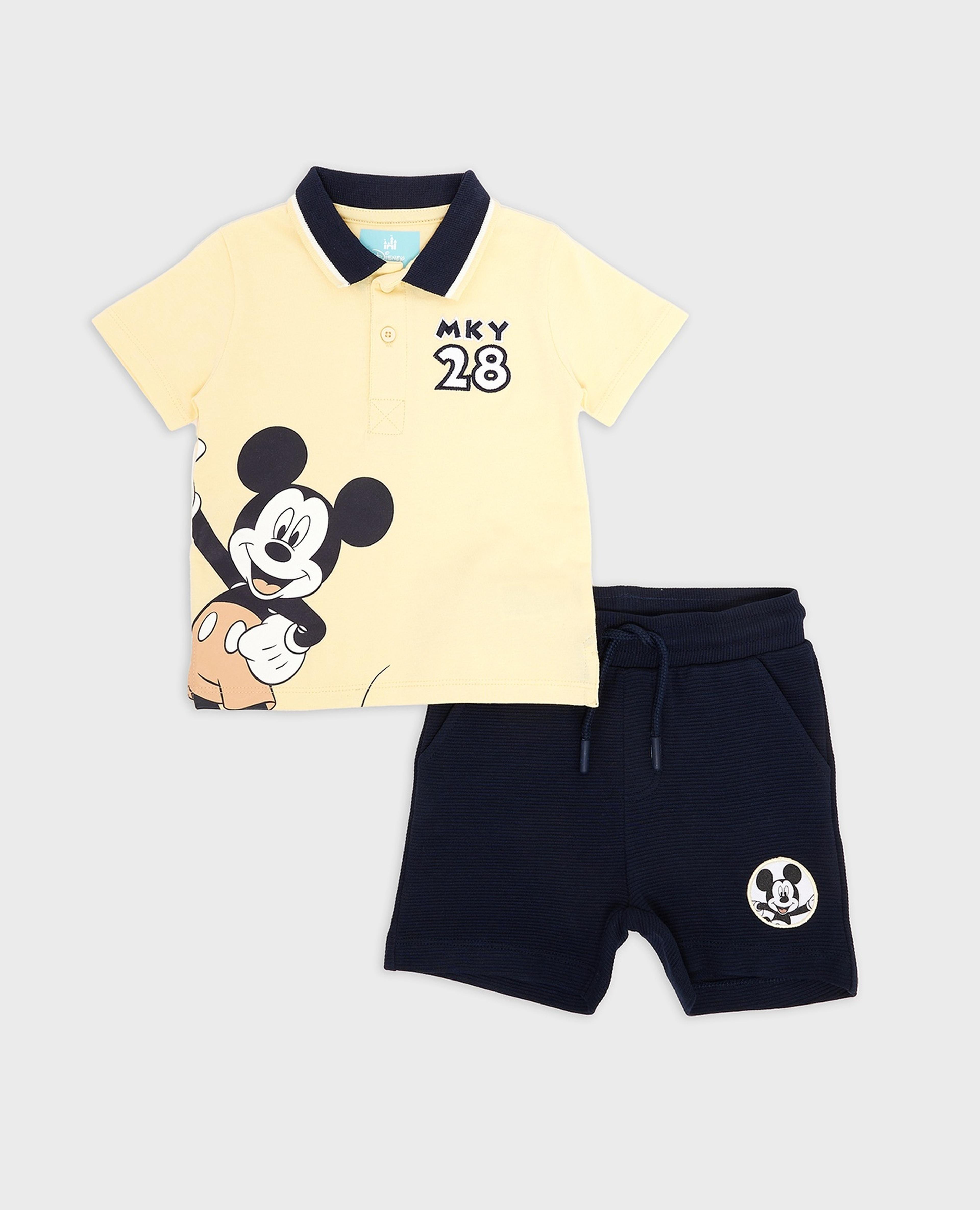 Mickey Mouse Print Polo T-Shirt and Shorts Set