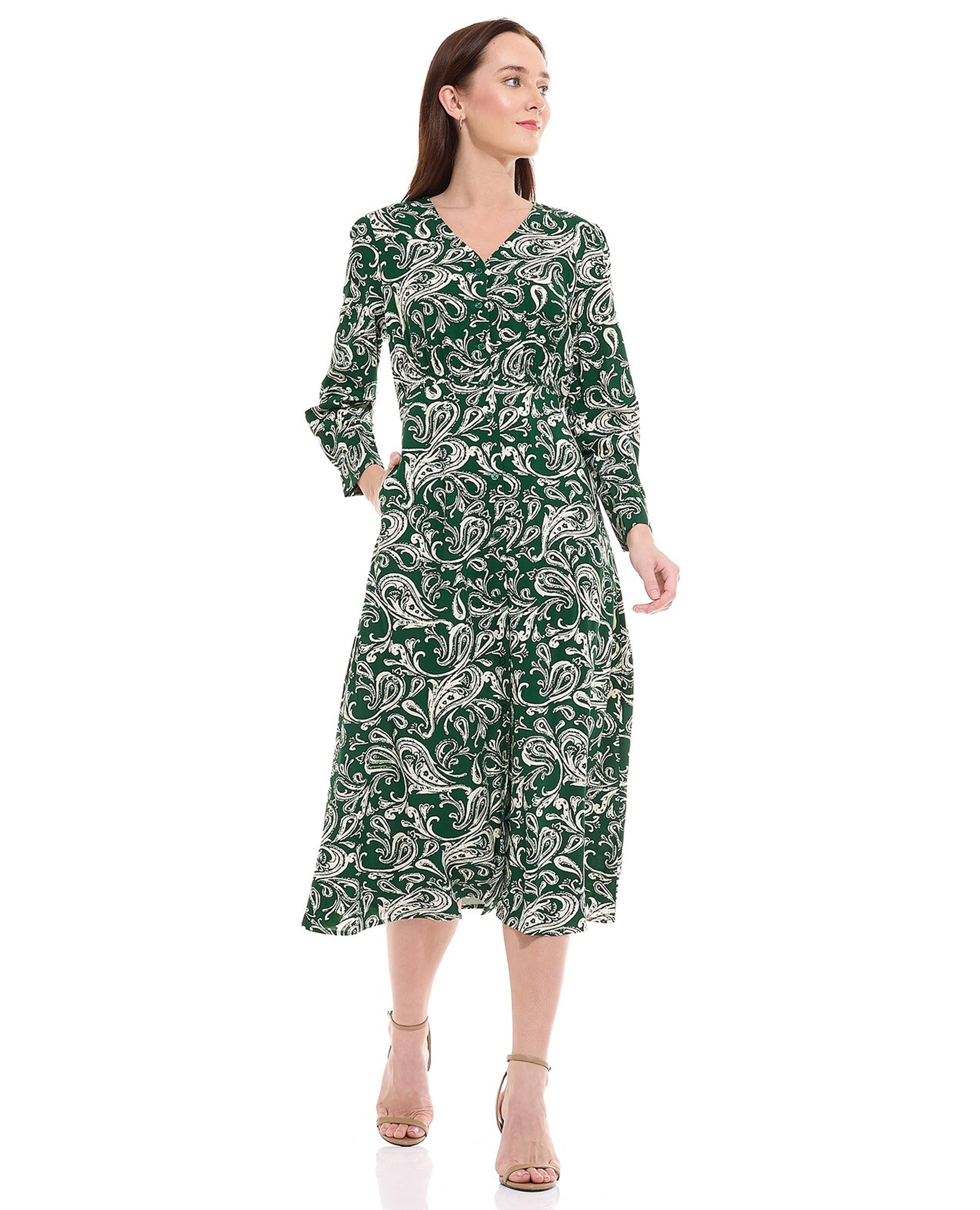 Paisley Print Midi Dress with V-Neck and Long Sleeves