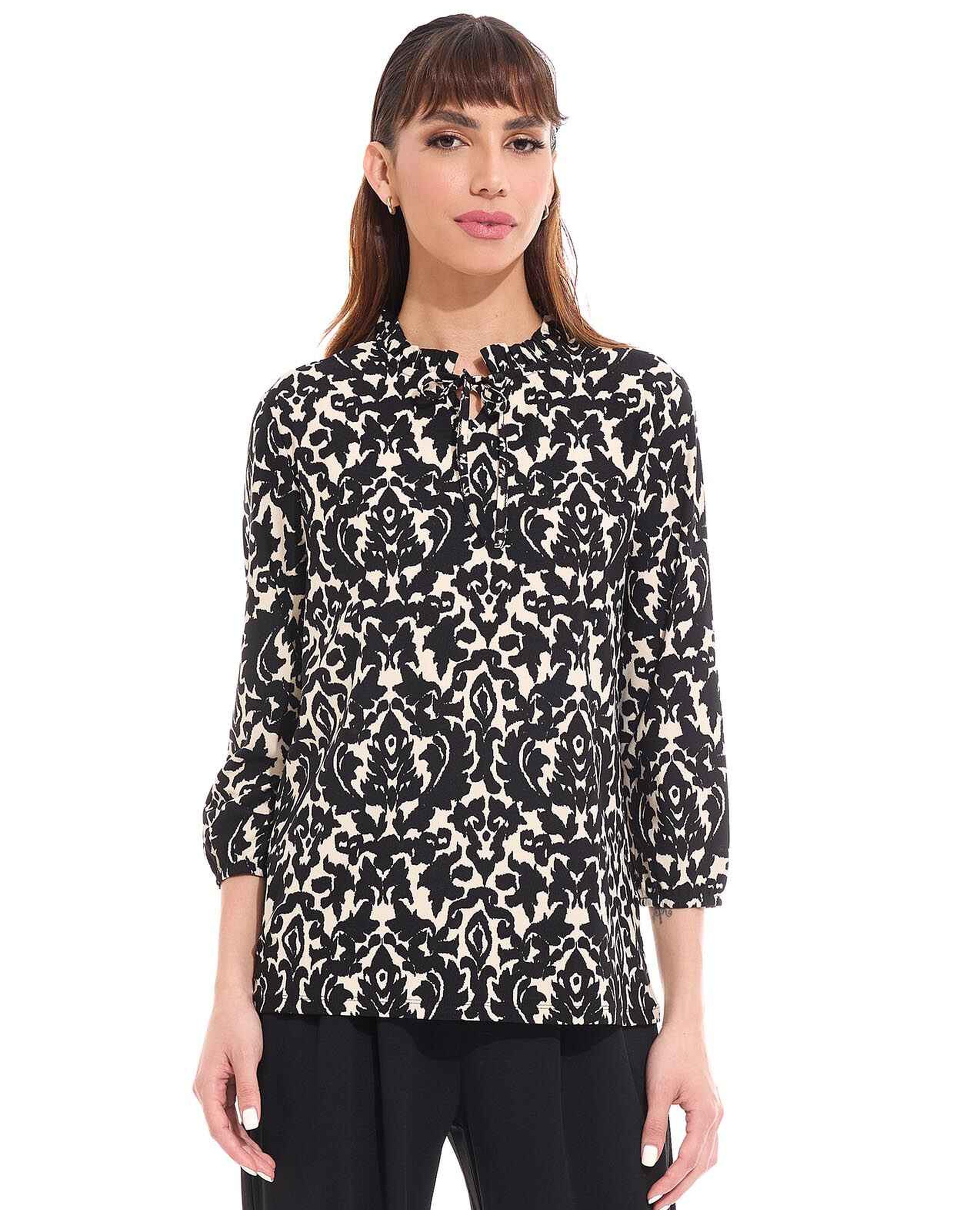 Patterned Top with Tie-Up Neck and 3/4 Sleeves