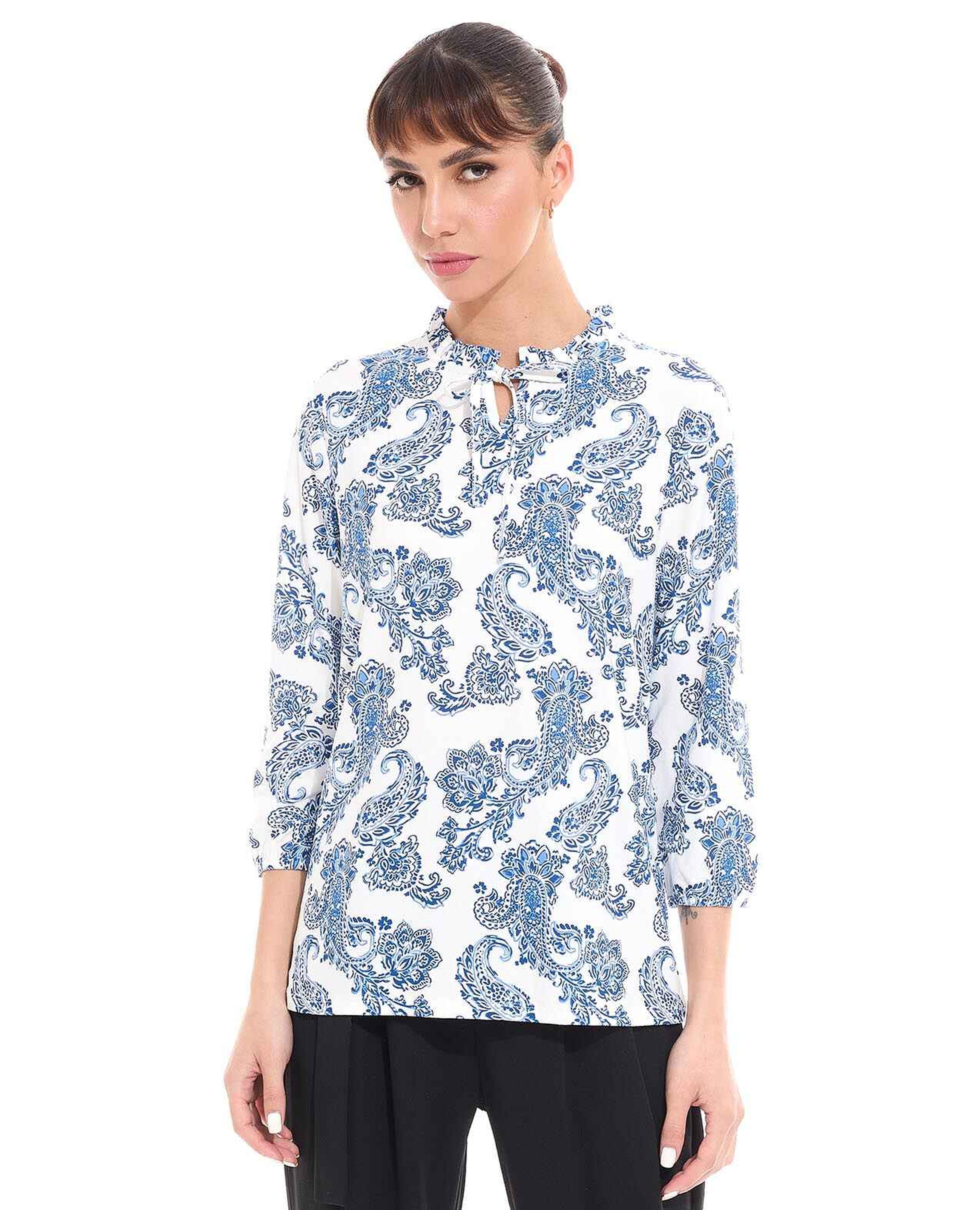 Paisley Print Top with Tie-Up Neck and 3/4 Sleeves