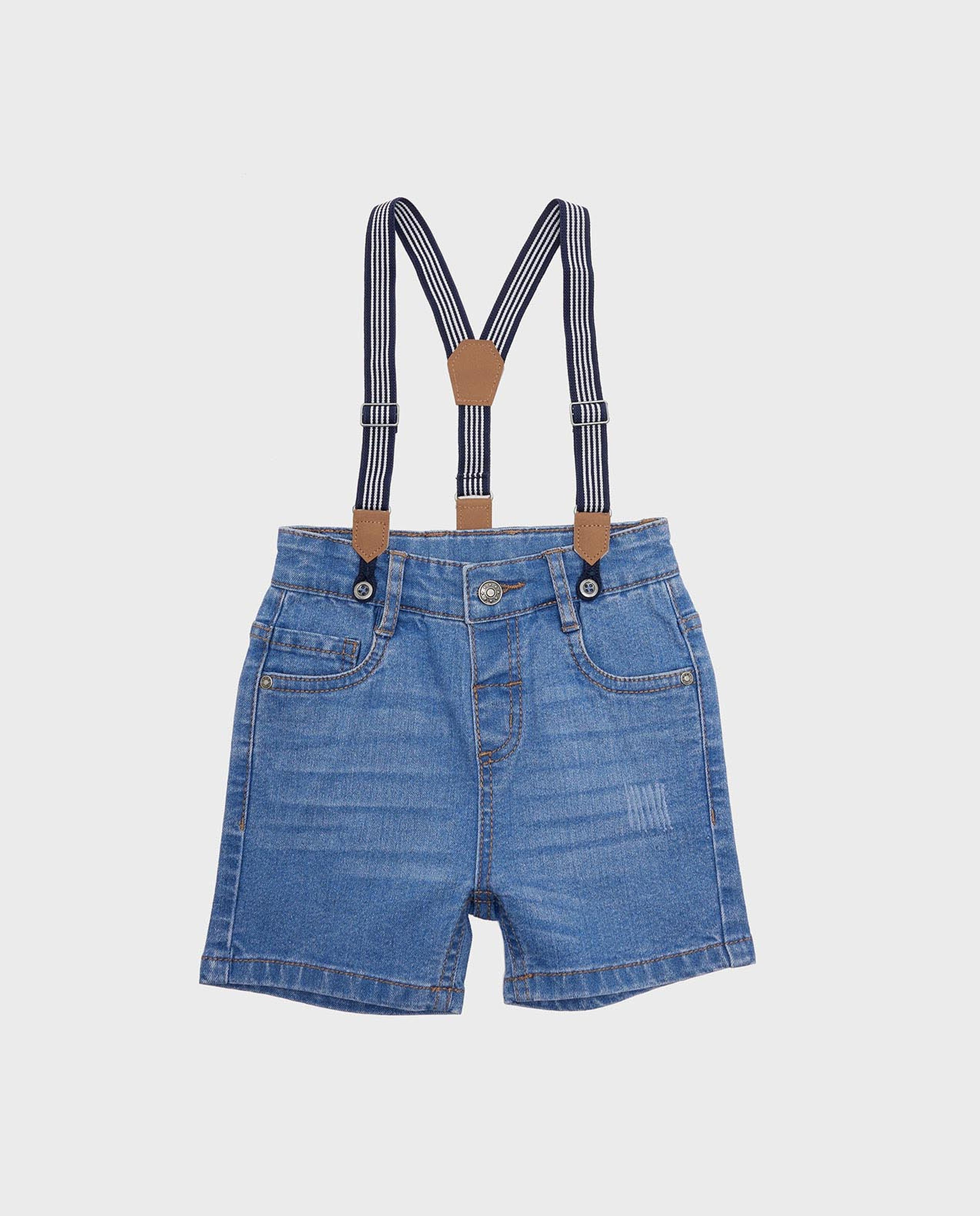 Faded Denim Shorts with Suspenders