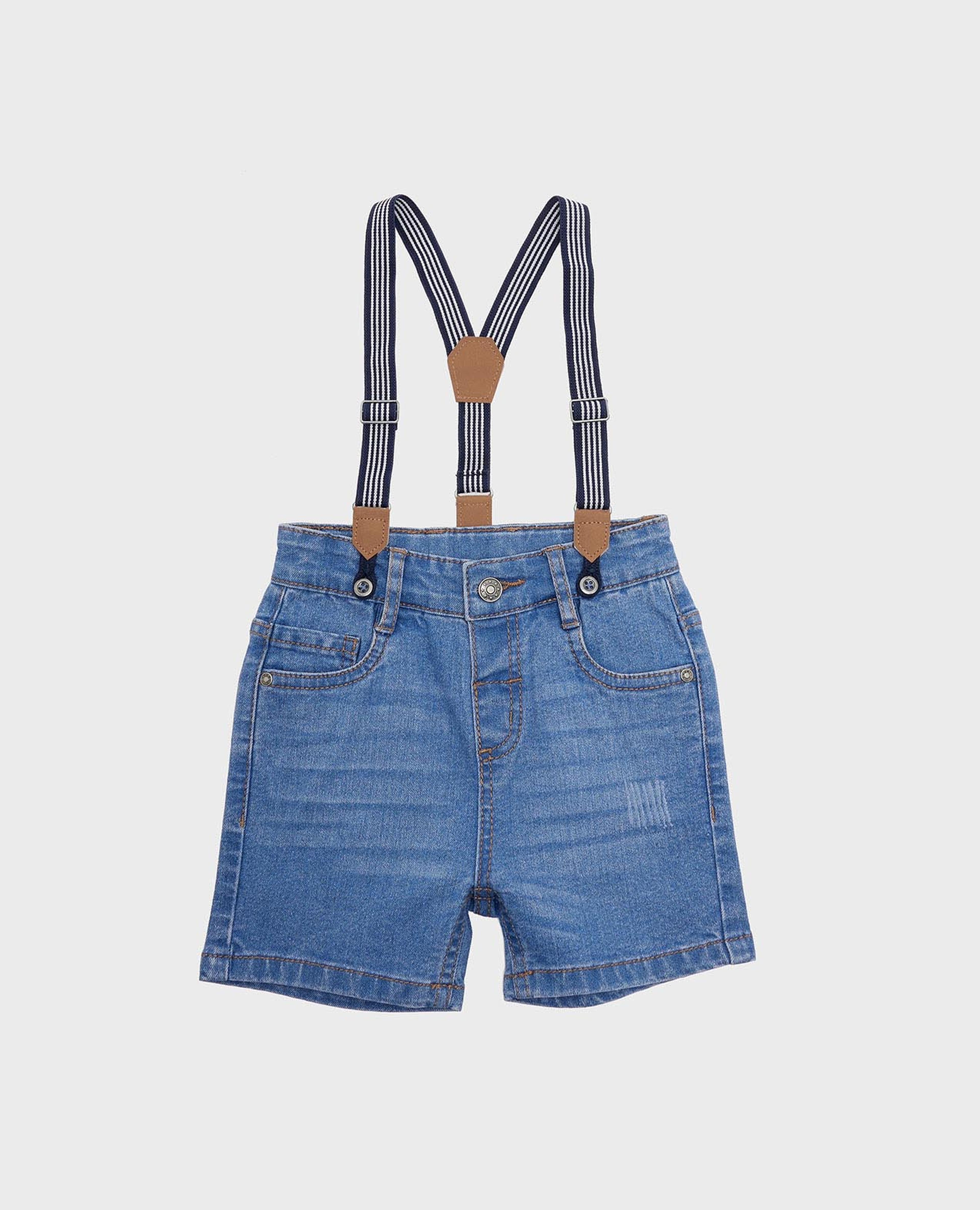Faded Denim Shorts with Suspenders