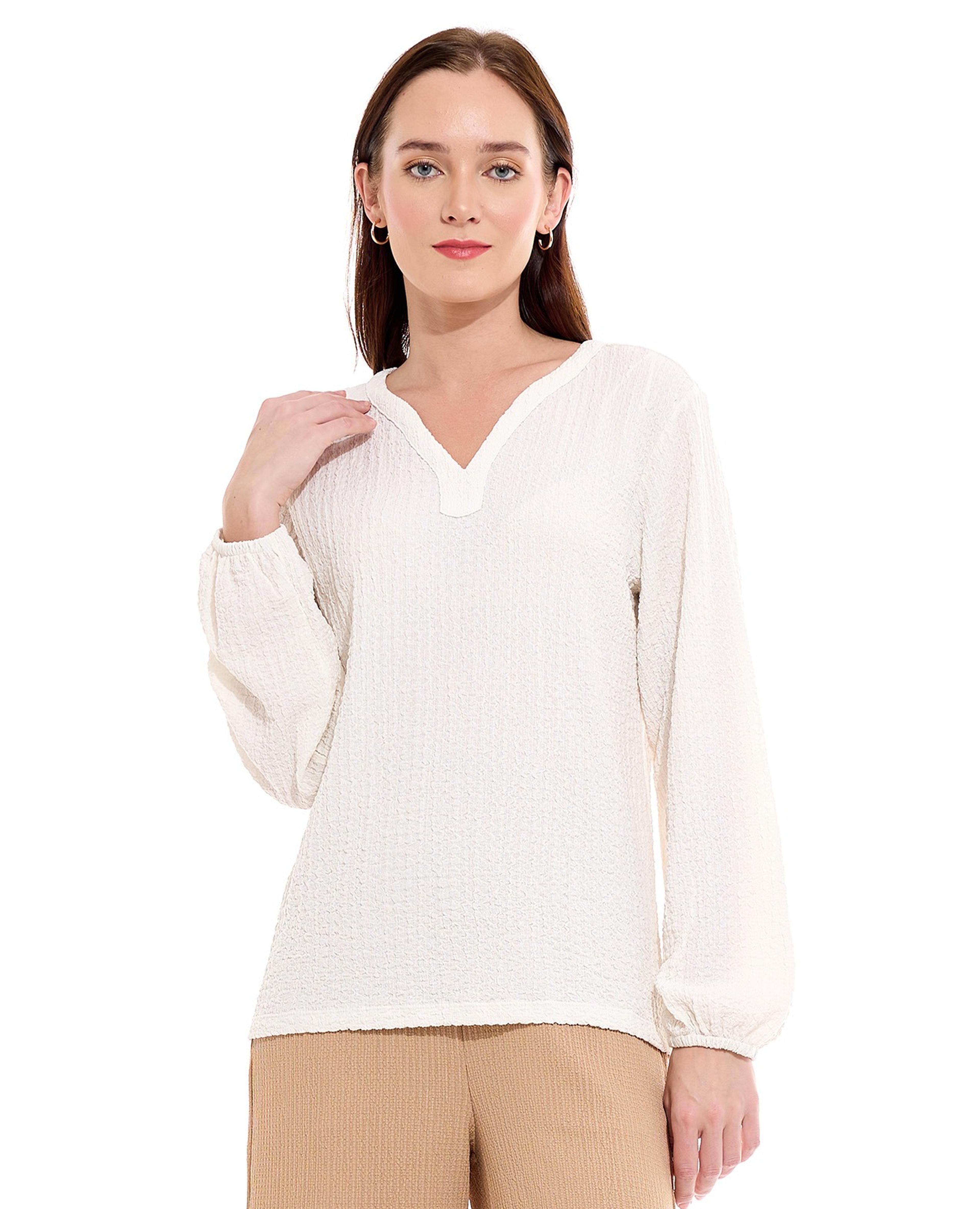 Textured Top with V-Neck and Long Sleeves