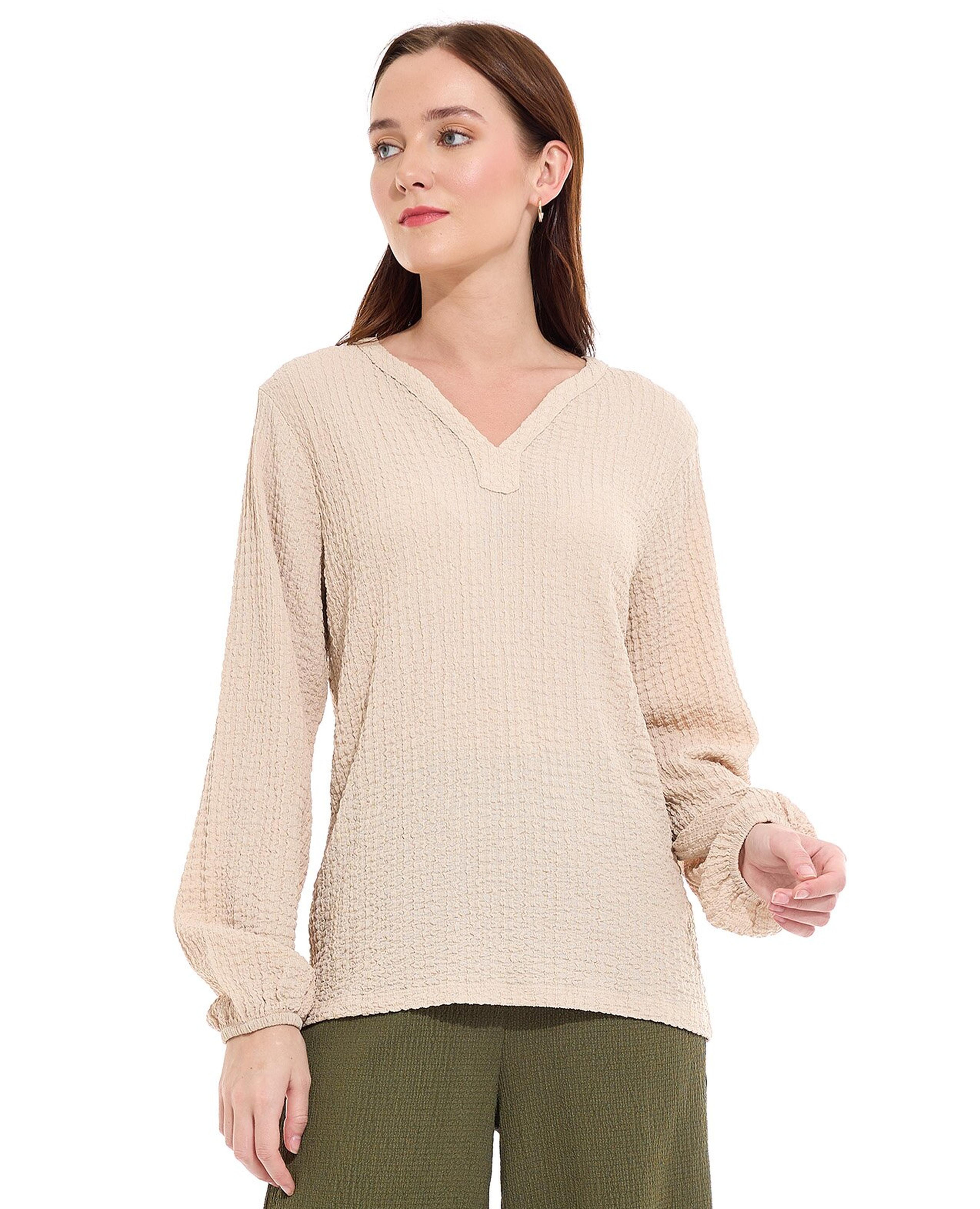Textured Top with V-Neck and Long Sleeves