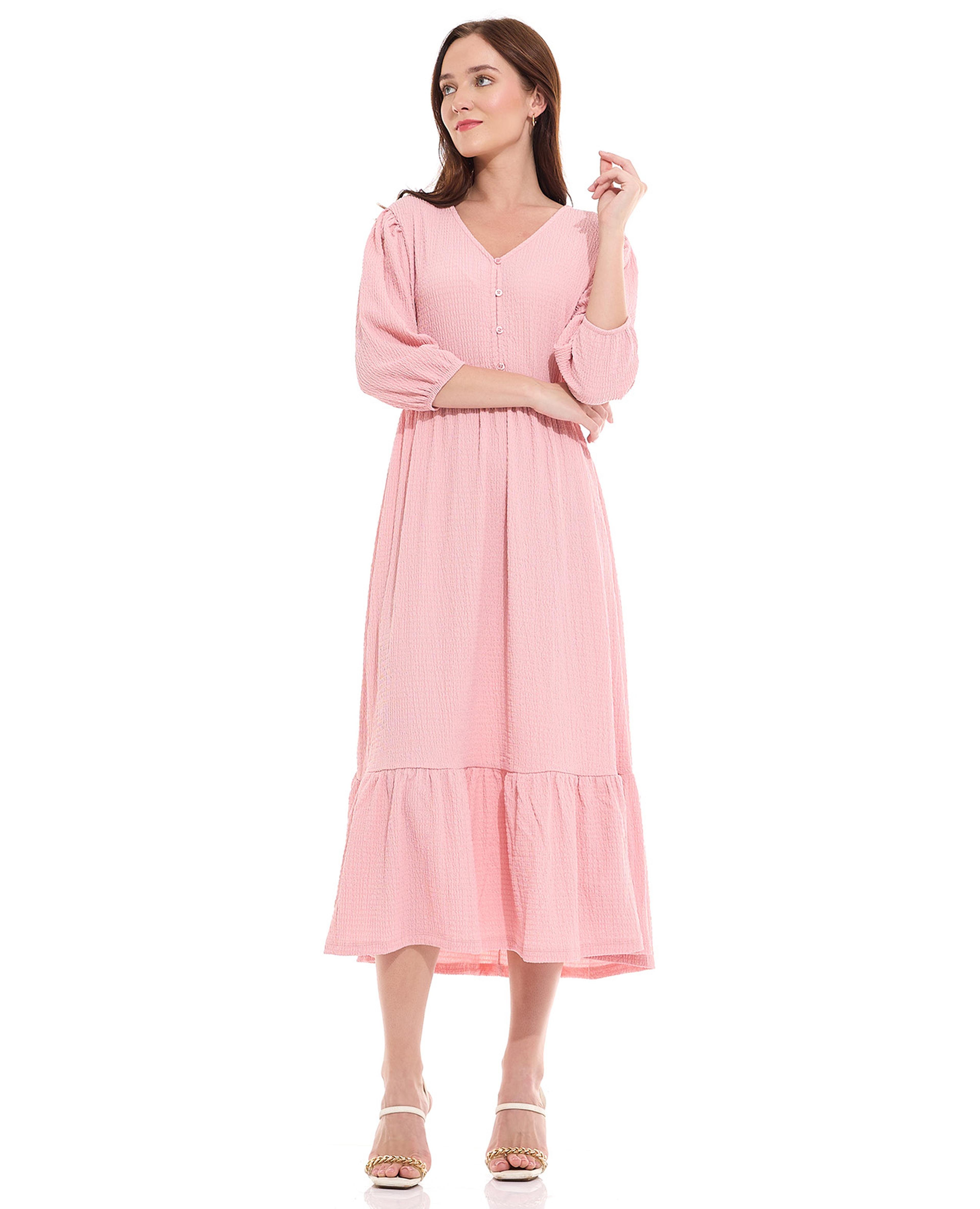 Textured Midi Dress with V-Neck and 3/4 Sleeves