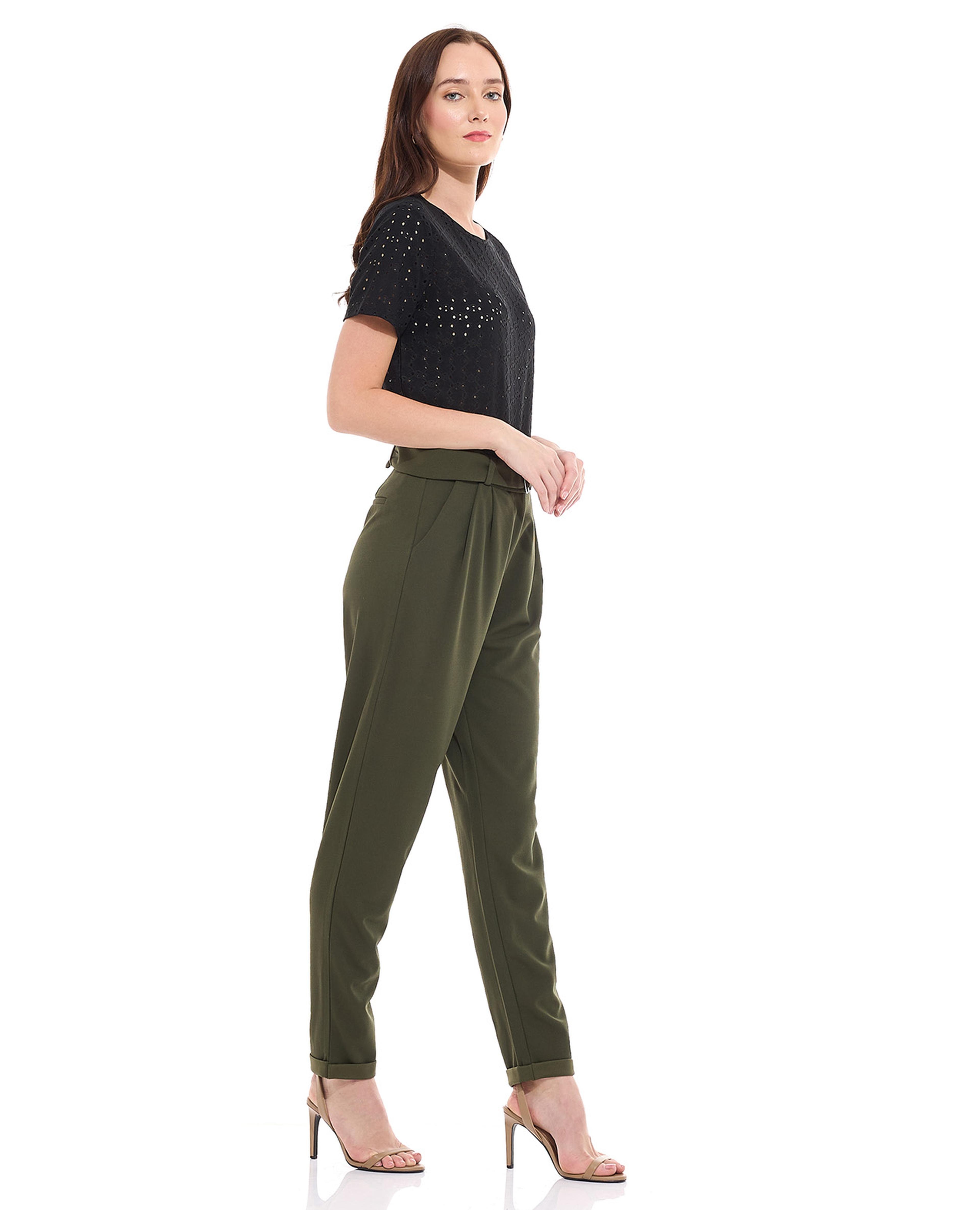 Solid Pleated Pants with Button Closure
