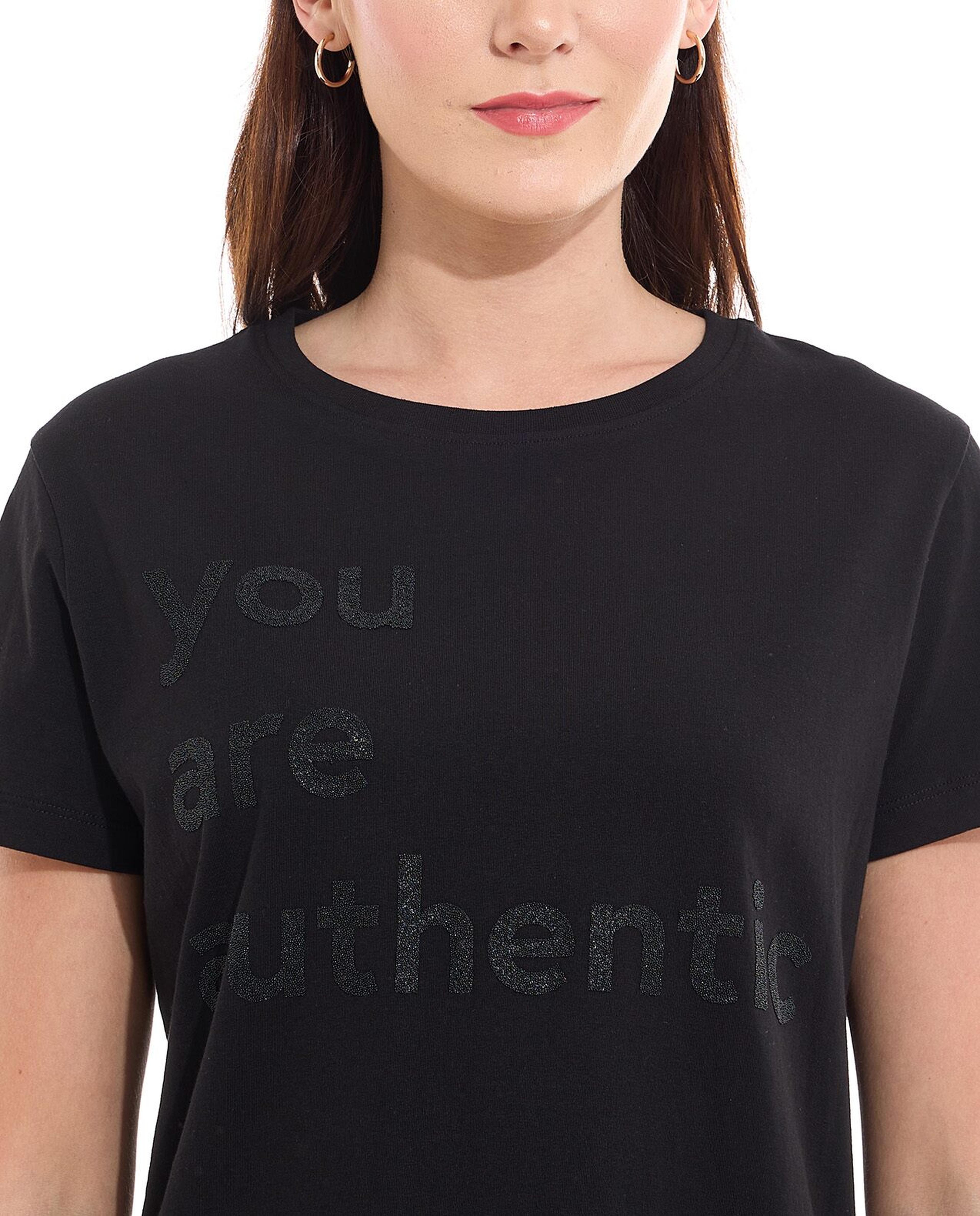 Typography Print T-Shirt with Crew Neck and Short Sleeves