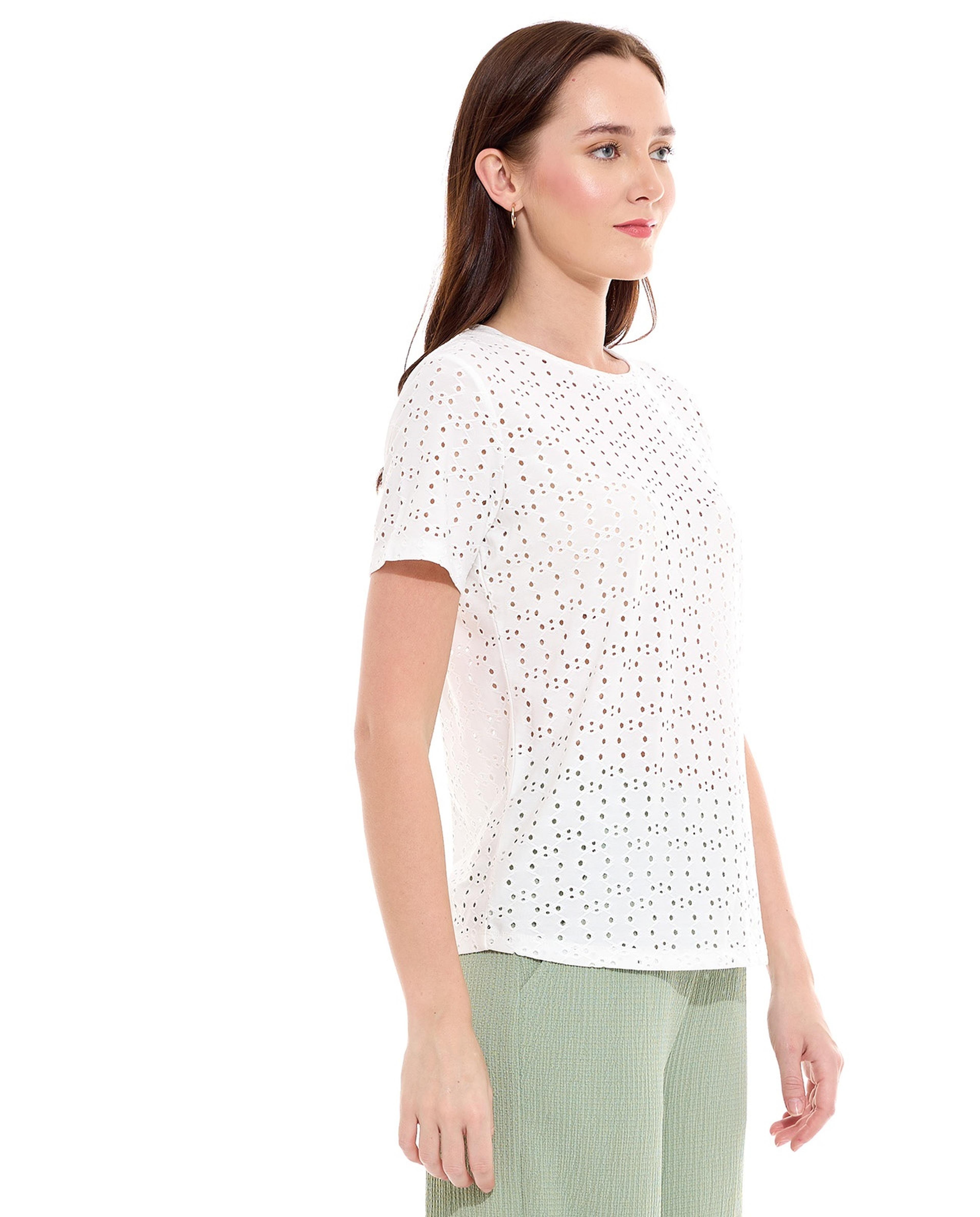 Openwork Top with Crew Neck and Short Sleeves