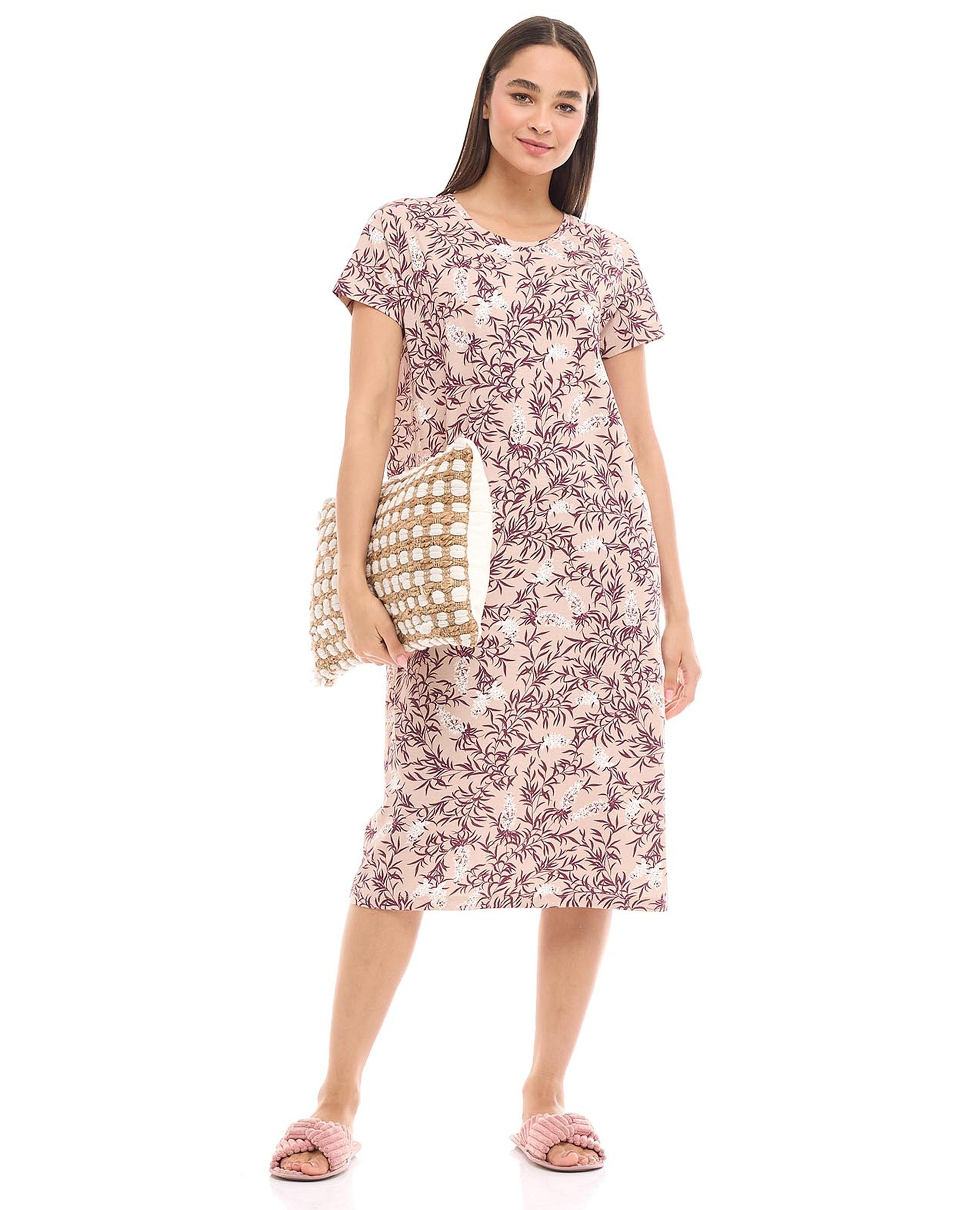 Floral Print Nightdress with Round Neck and Short Sleeves